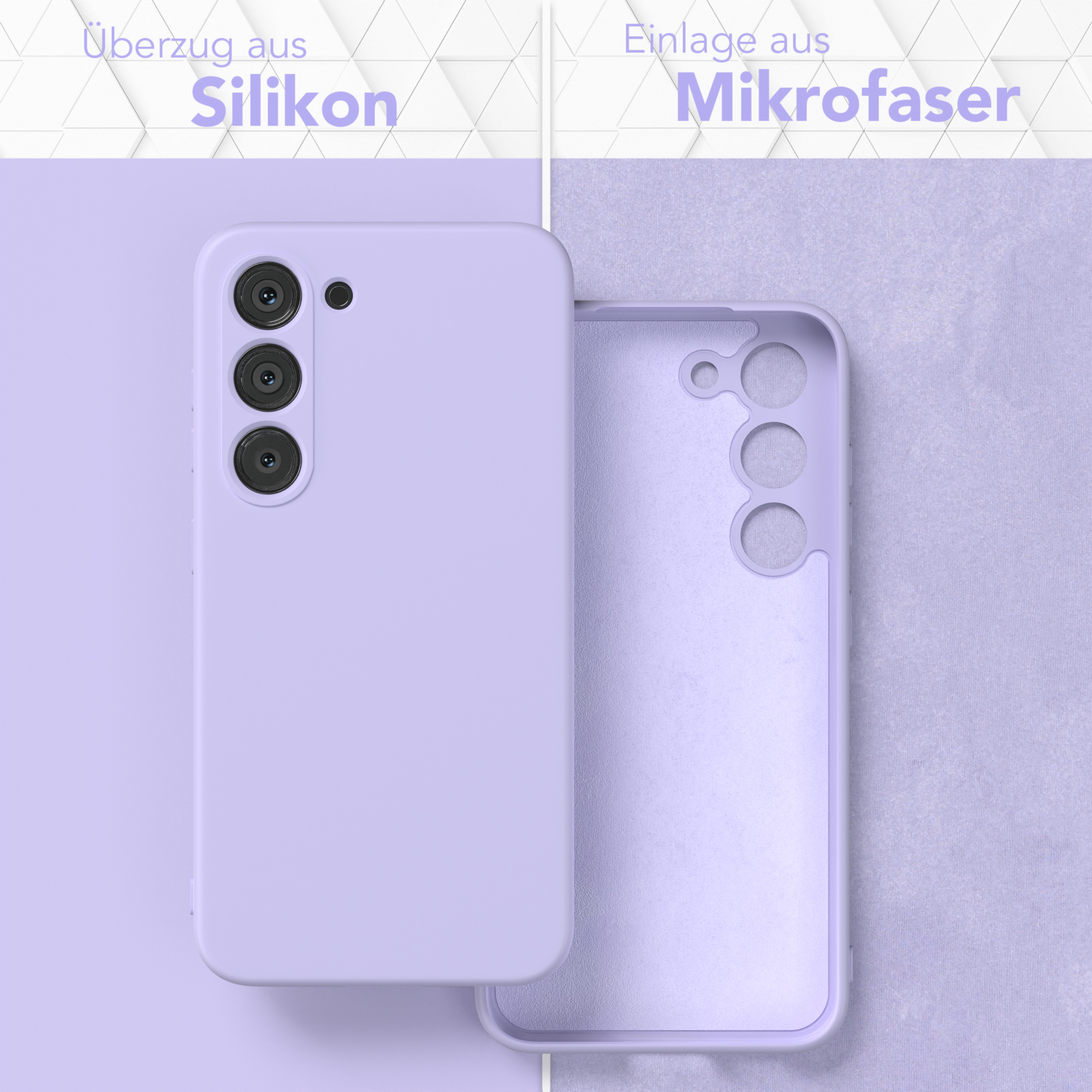 Eine lila Handyhülle mit weicher Silikonaußenseite und Mikrofaser-Innenseite.