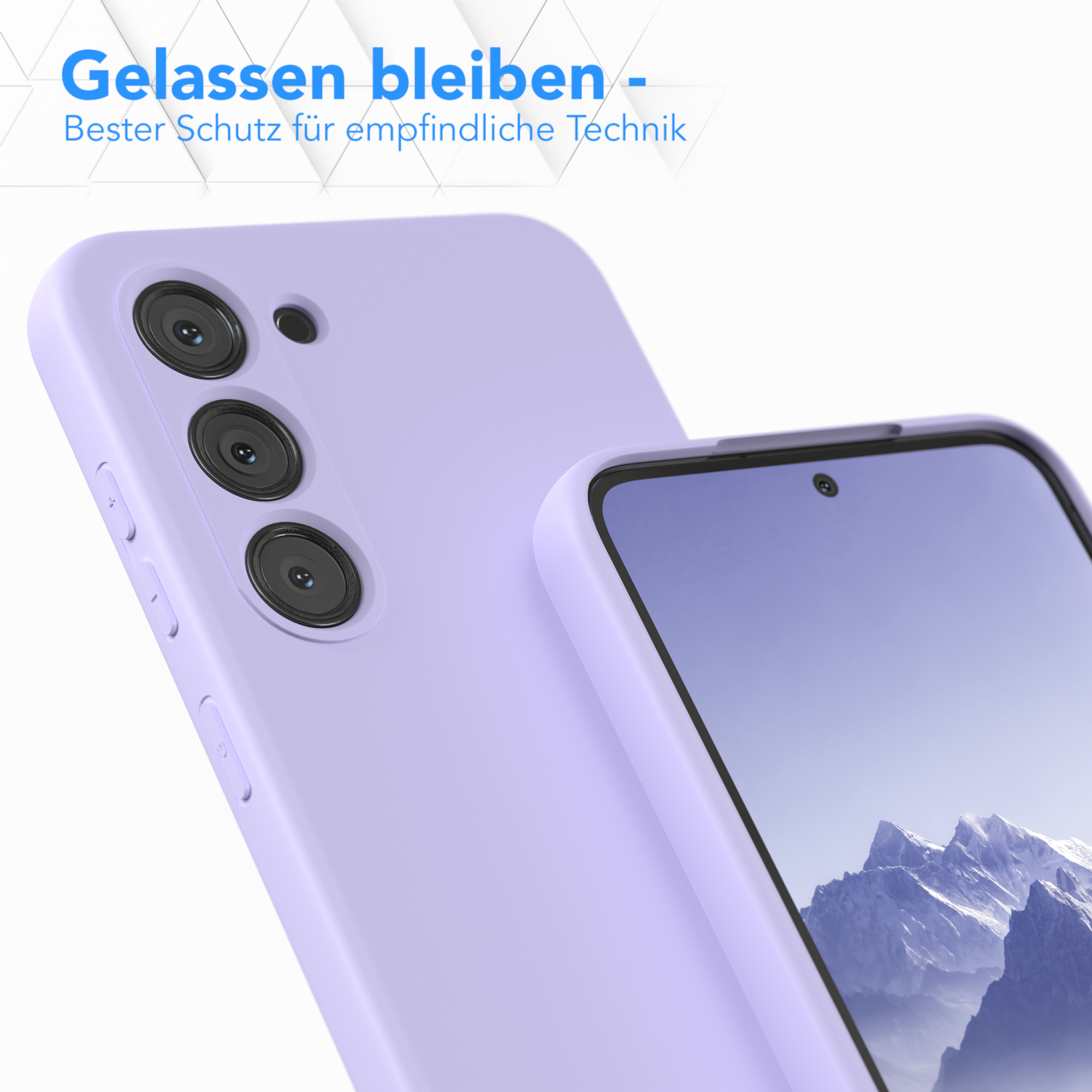 Eine lila Handyhülle mit Rückseite und Displayschutz, die ein Telefon zeigt. Der Hintergrund ist sauber.