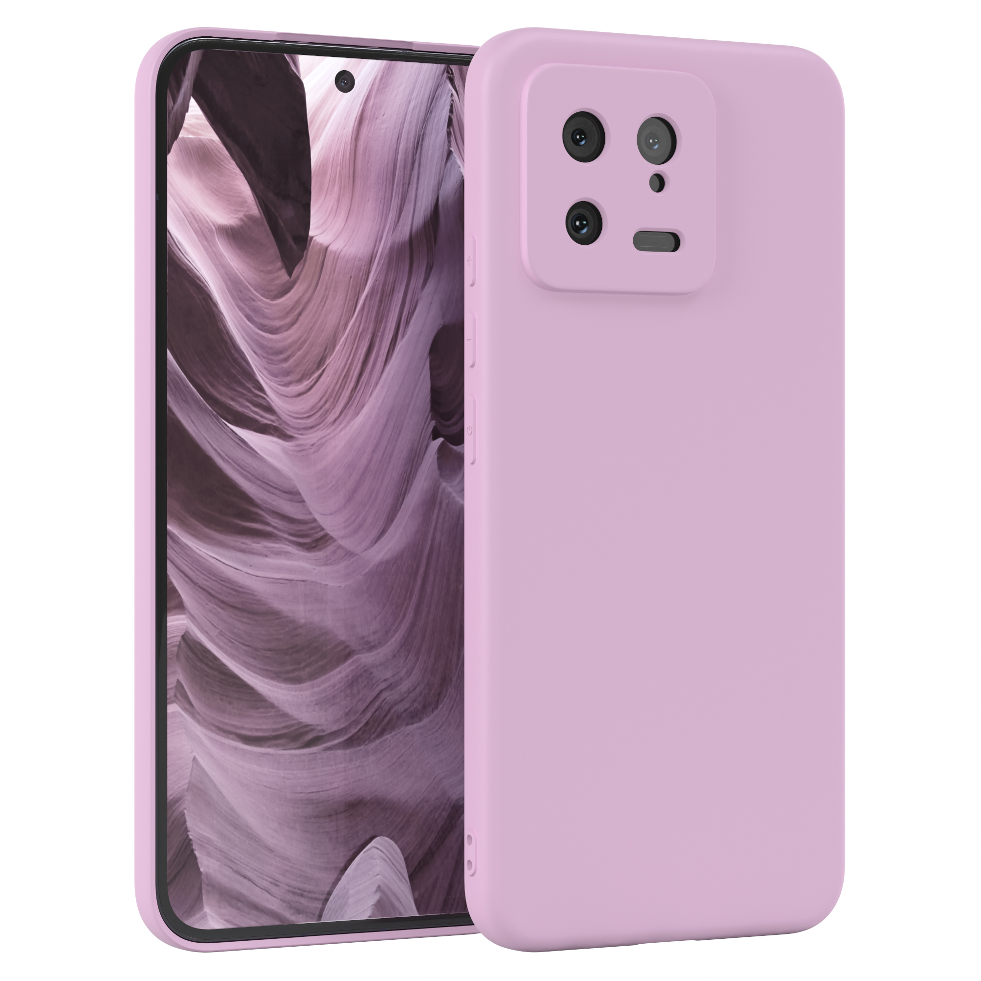 Ein rosa Telefon mit Dreifachobjektivkamera vor einem wellenförmigen Hintergrund, weißer Hintergrund.