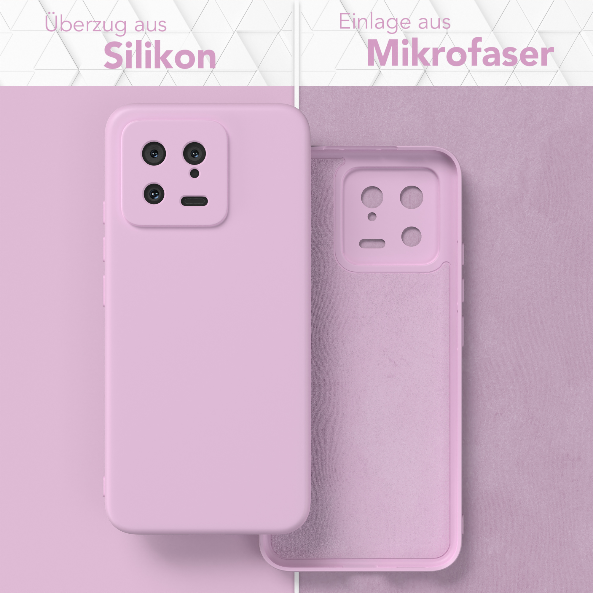 Zwei rosa Handyhüllen. Eine zeigt die Außenseite, die andere die Innenseite mit einer Mikrofaser-Schicht.