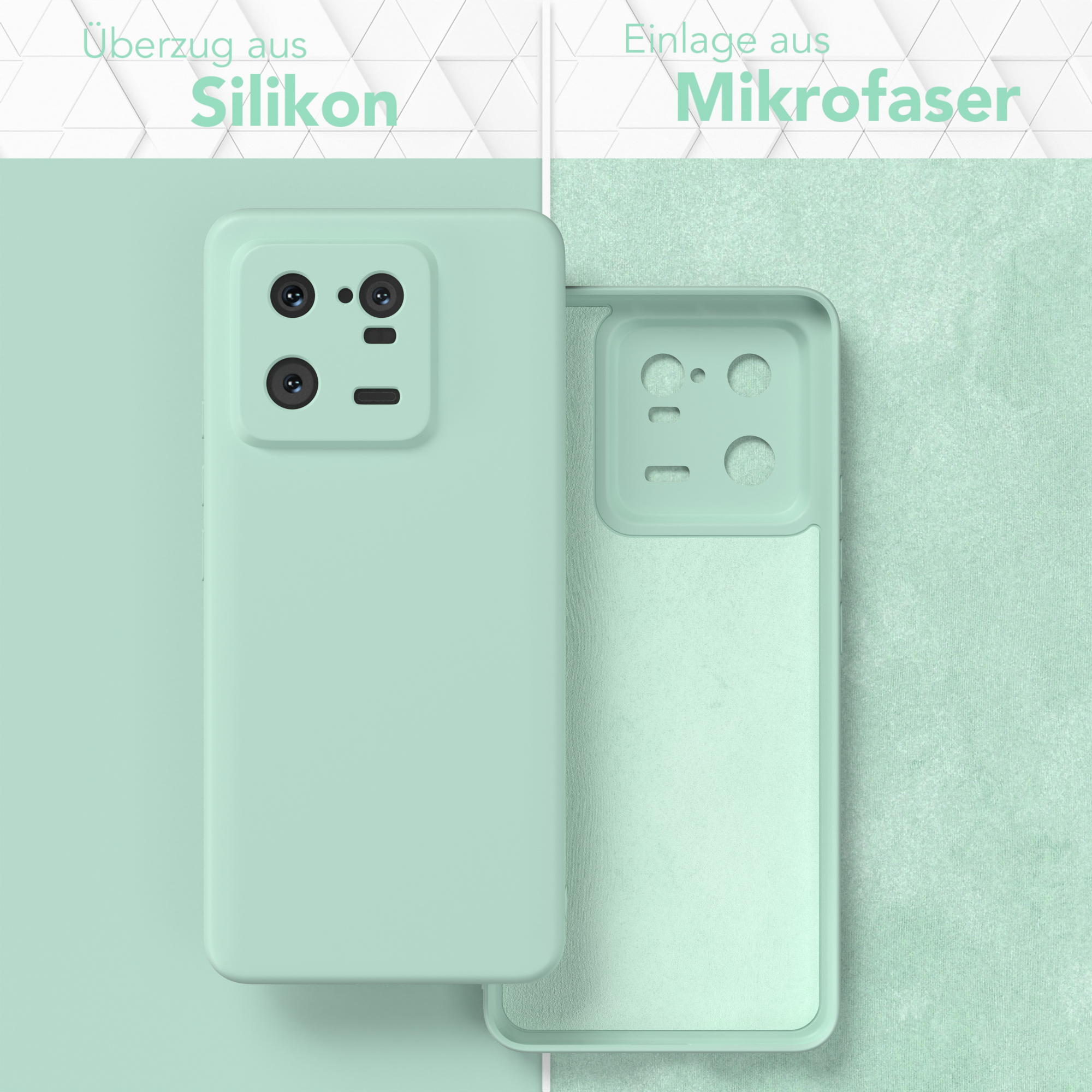 Eine Handyhülle, geteilte Ansicht, zeigt Silikonhülle und Mikrofaser innen.