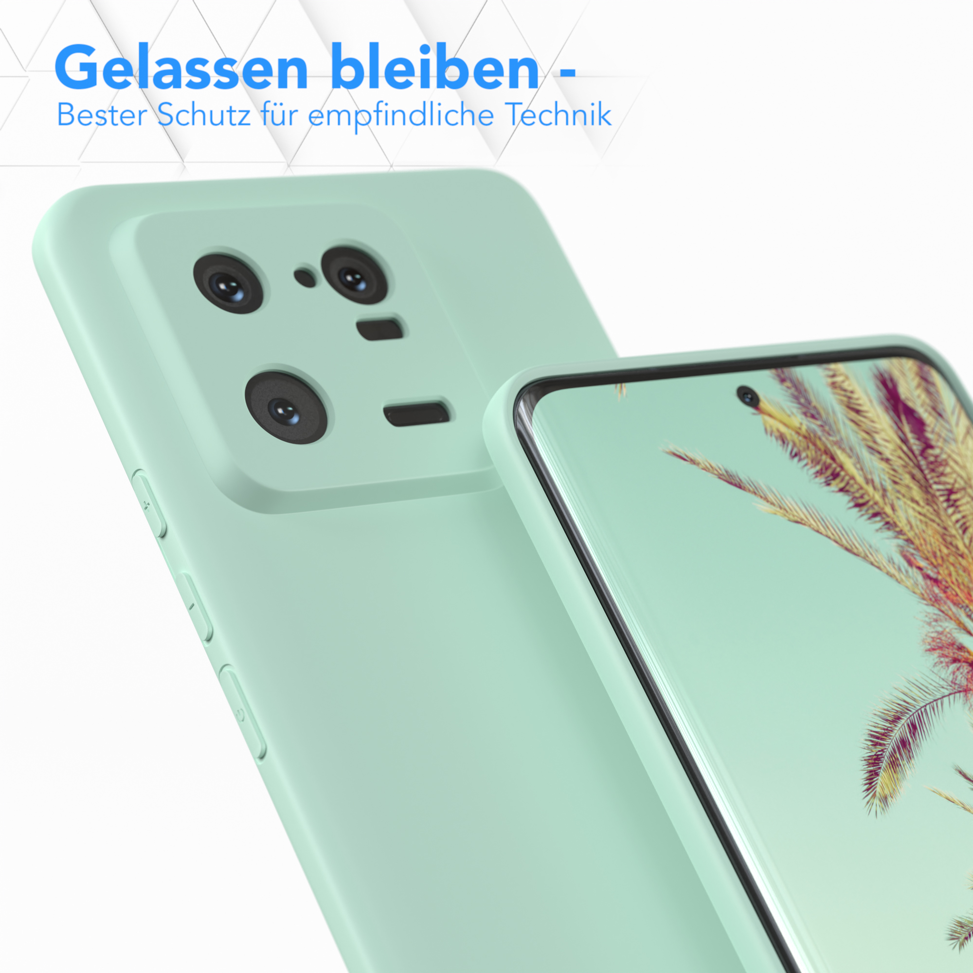 Zwei Handyhüllen, eine ist mintgrün. Telefon befindet sich in der Hülle, mit Kameraausschnitten.