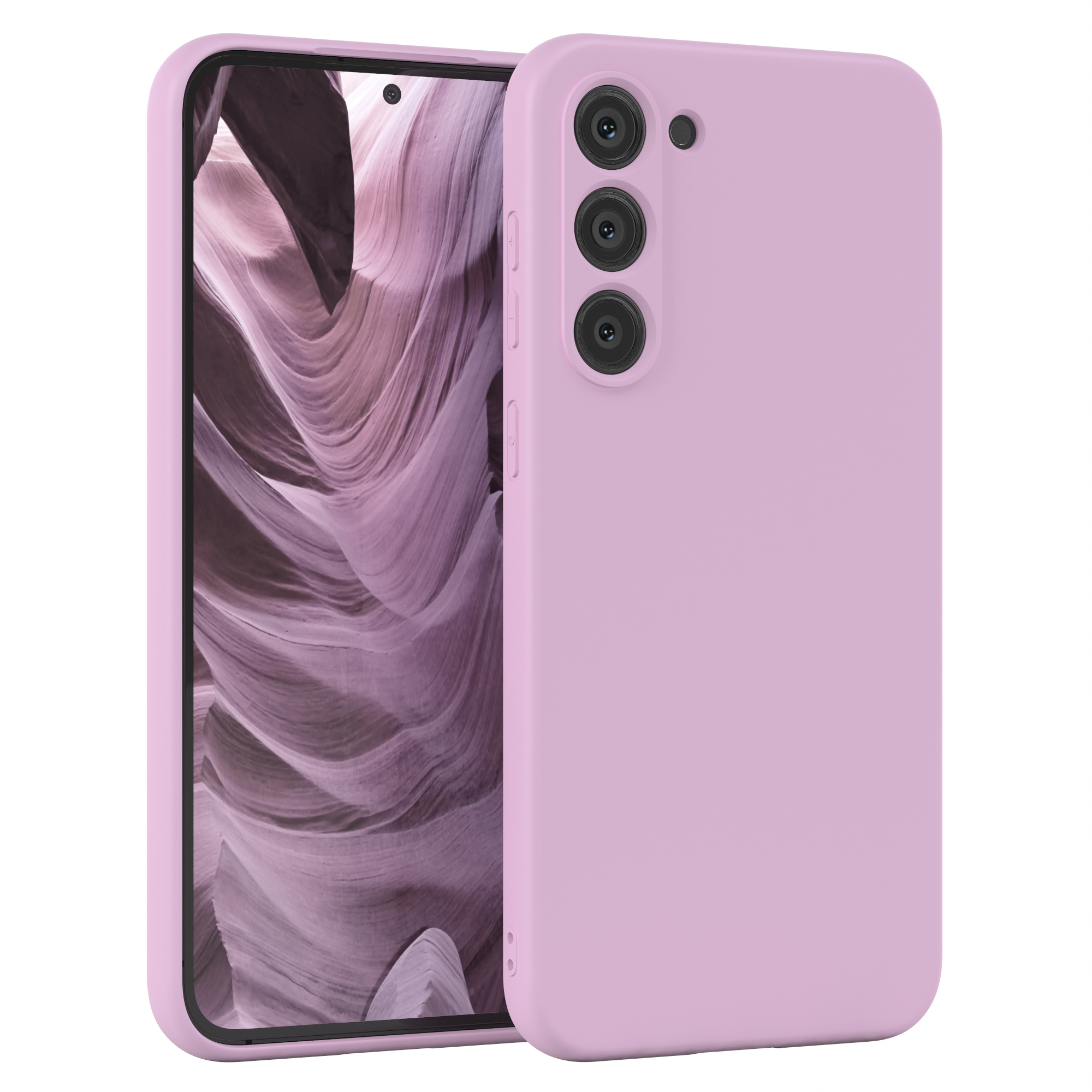 Rosa Handyhülle auf einem Telefon, mit einem Bildschirm, der eine Landschaft zeigt.