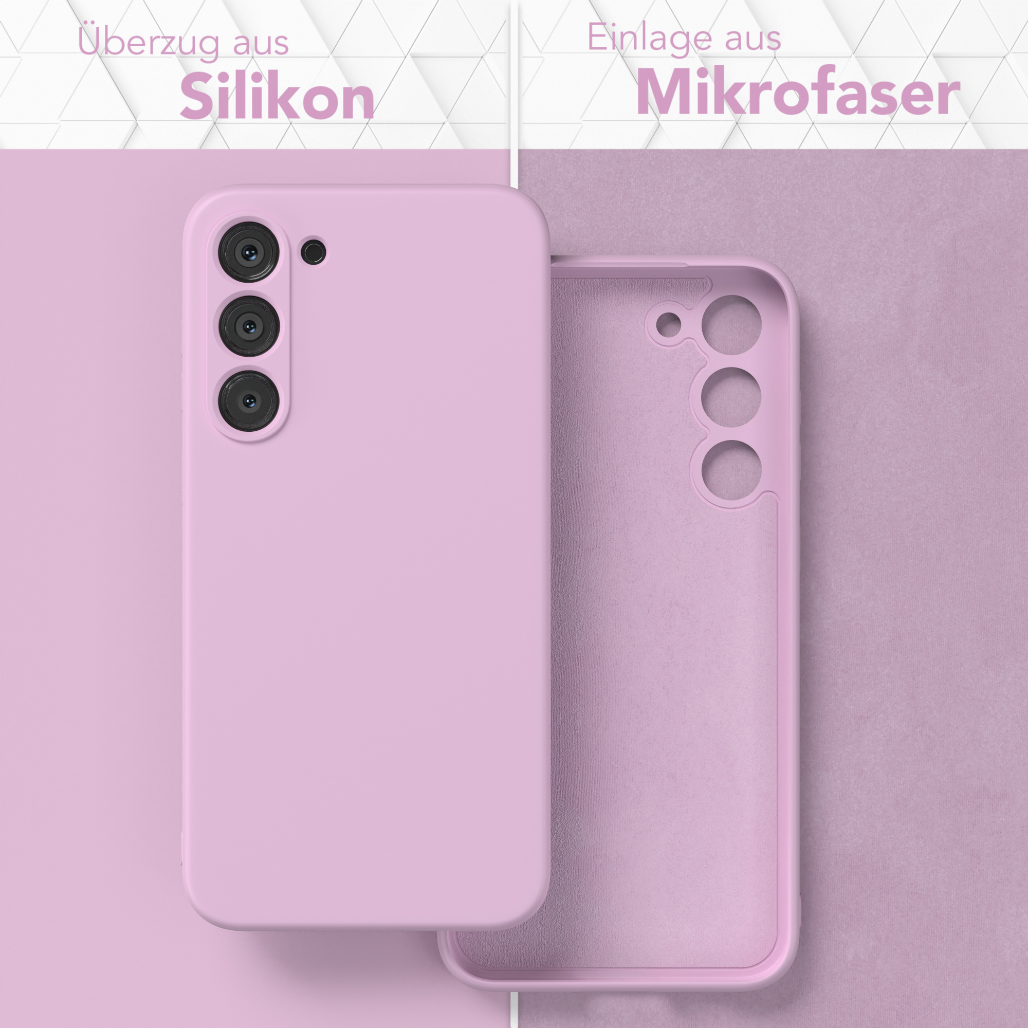 Eine rosa Handyhülle mit Silikon außen und Mikrofaser innen, auf lila Hintergrund.