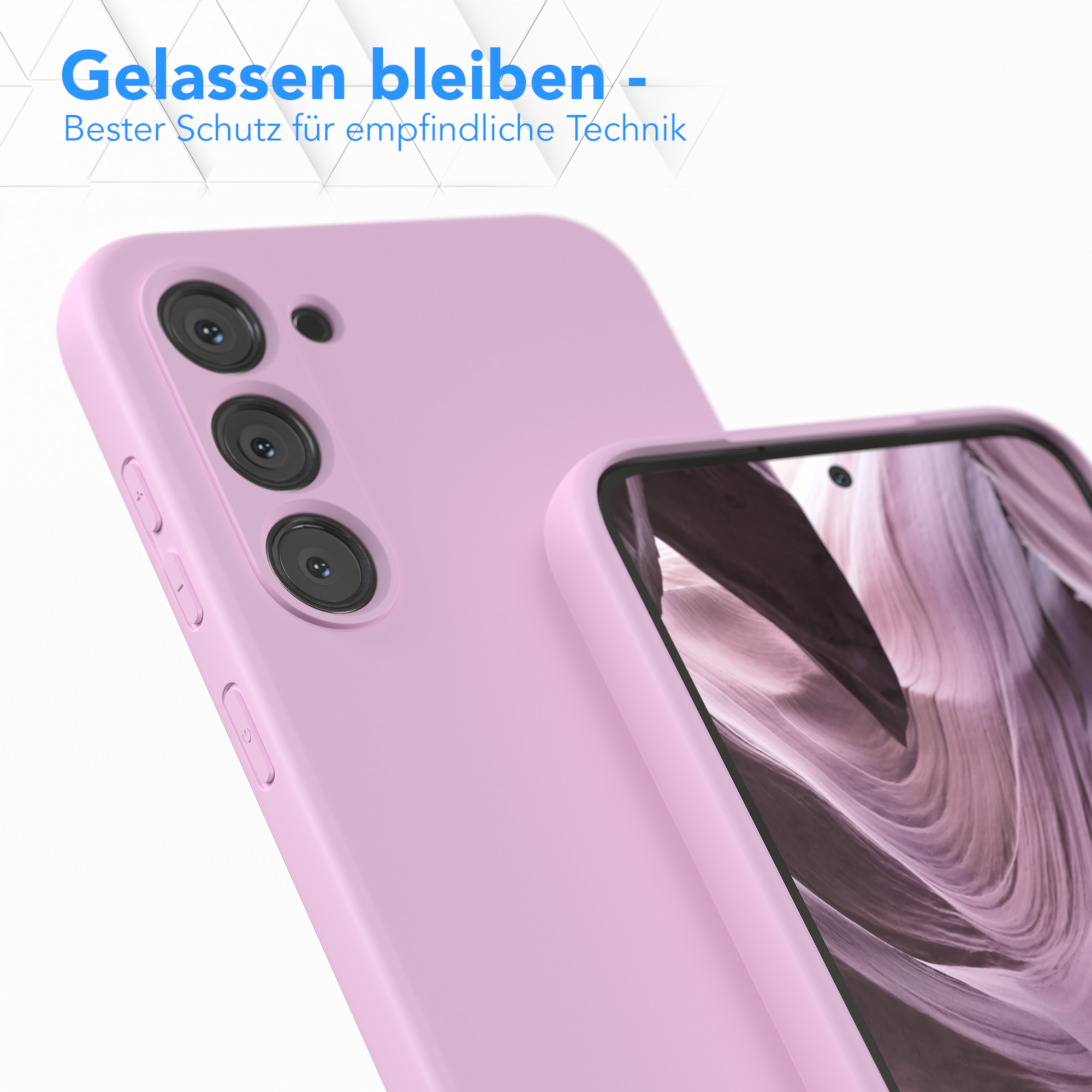 Rosa Handyhülle mit drei Kameralinsen auf der Rückseite, leicht geöffnet. Eine zweite Hülle dahinter.
