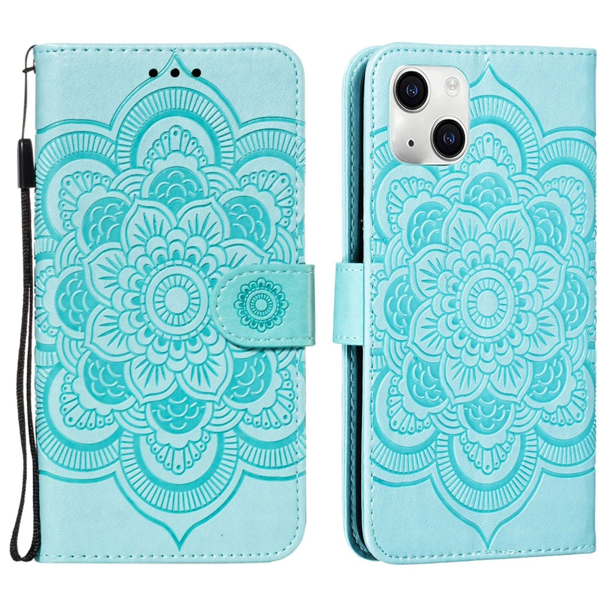 Hellblaue Handyhülle mit floralem Mandala-Design. Geöffnet, geschlossen und eine Handschlaufe sind abgebildet.