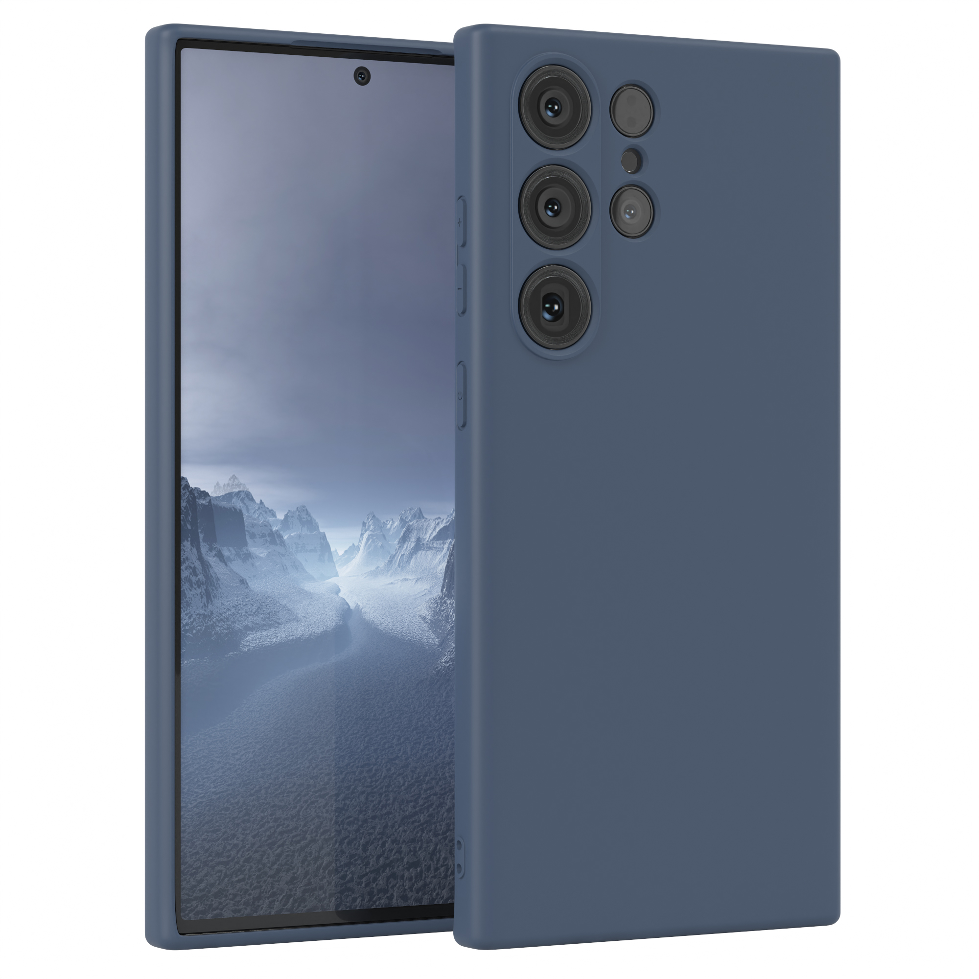 Blaues Smartphone in einer blauen Hülle. Die Hülle bedeckt Rückseite und Seiten des Telefons.