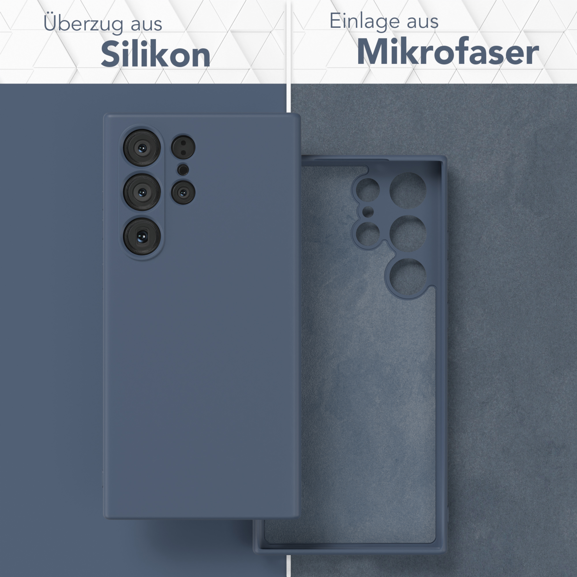 Blaue Handyhülle, geöffnet, mit Silikon außen und Mikrofaser innen, Produktbeschreibung.