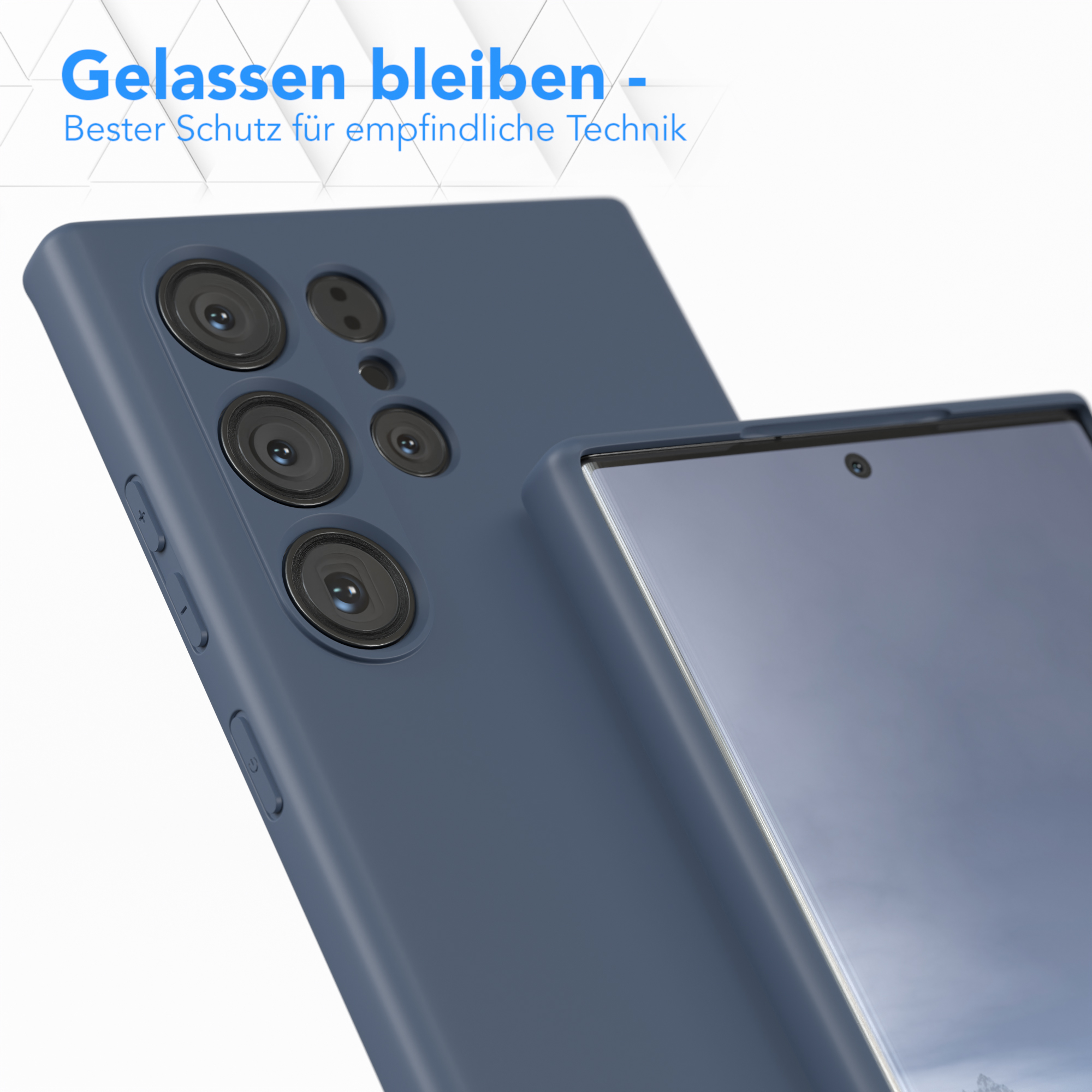 Nahaufnahme einer marineblauen Handyhülle mit Kameraausbuchtung. Text auf Deutsch. Weißer Hintergrund.