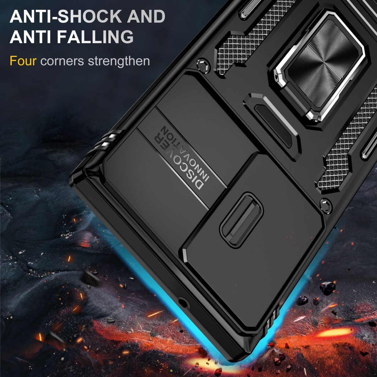 Schwarze Handyhülle mit Metallring und Text. Text lautet 'ANTI-SHOCK AND ANTI FALLING'.