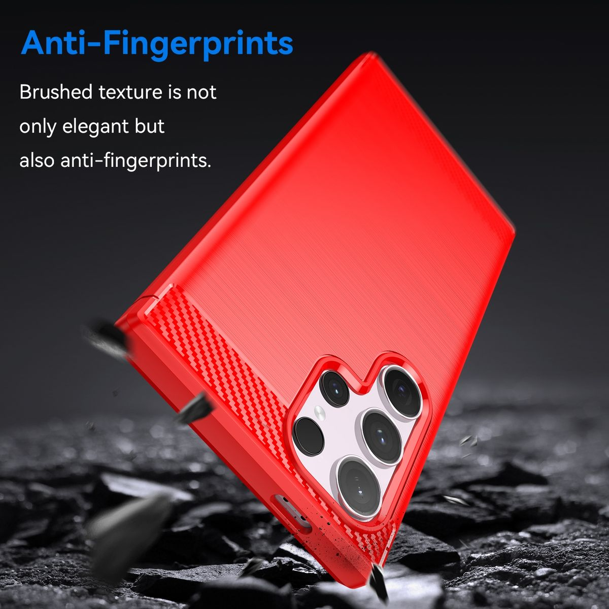 Eine rote Handyhülle mit gebürsteter Textur, mit dem Text Anti-Fingerabdrücke.