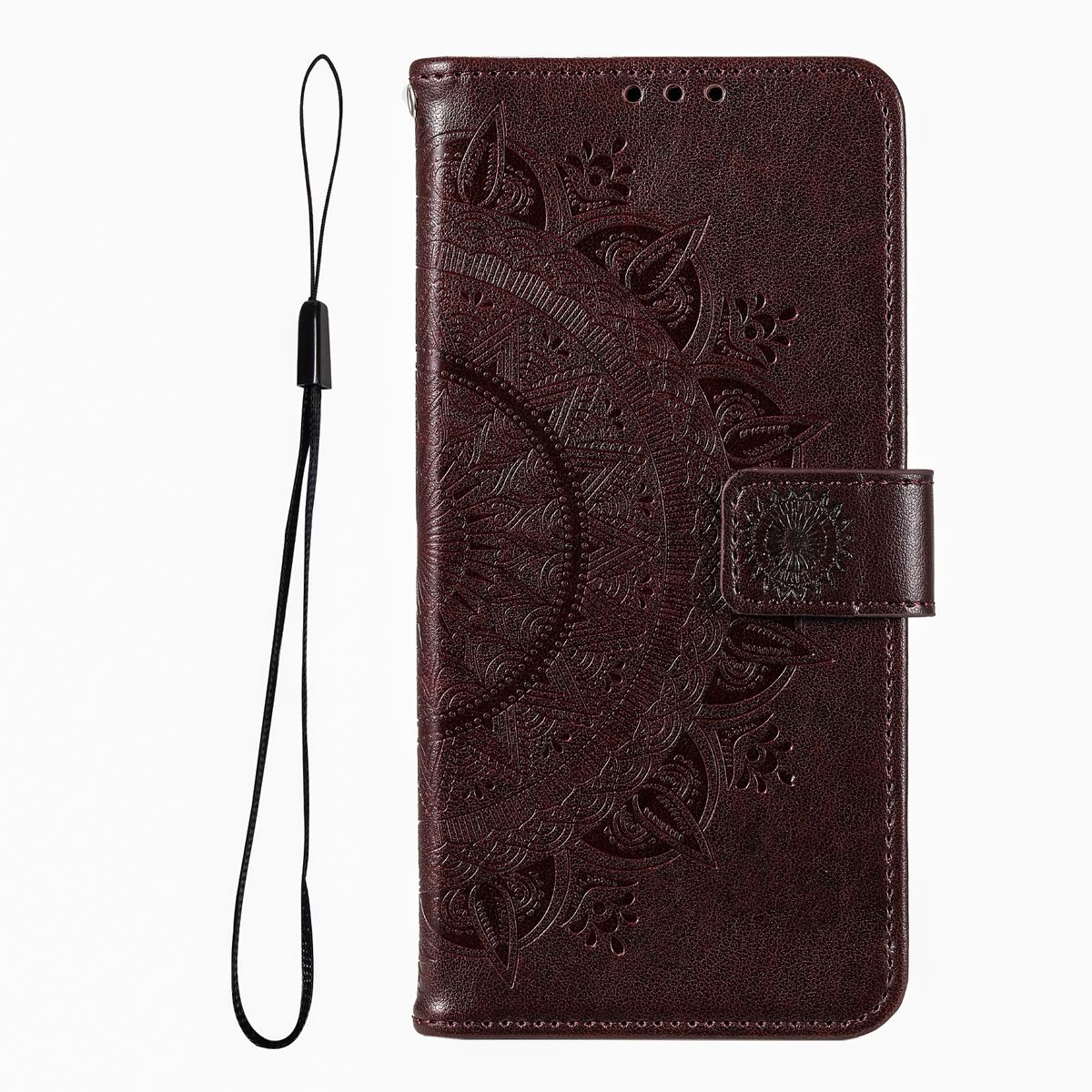 Braune Leder-Handyhülle mit Mandala-Design. Sie hat einen Riemen und einen Magnetverschluss.