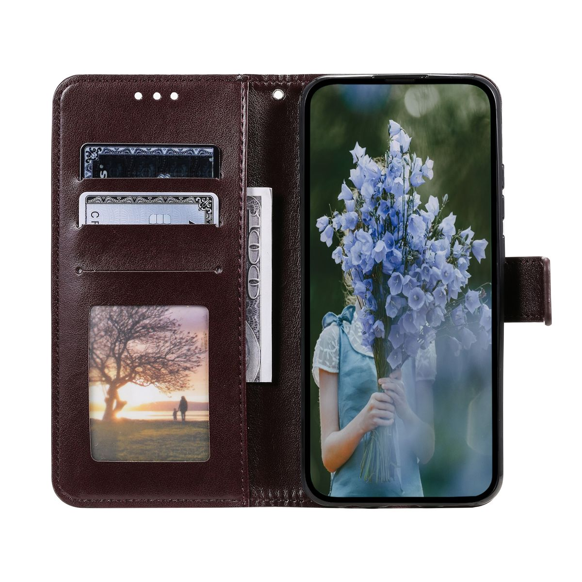 Eine braune Leder-Handyhülle, offen, mit Karten, Geld und einem Handy, das Blumen zeigt.