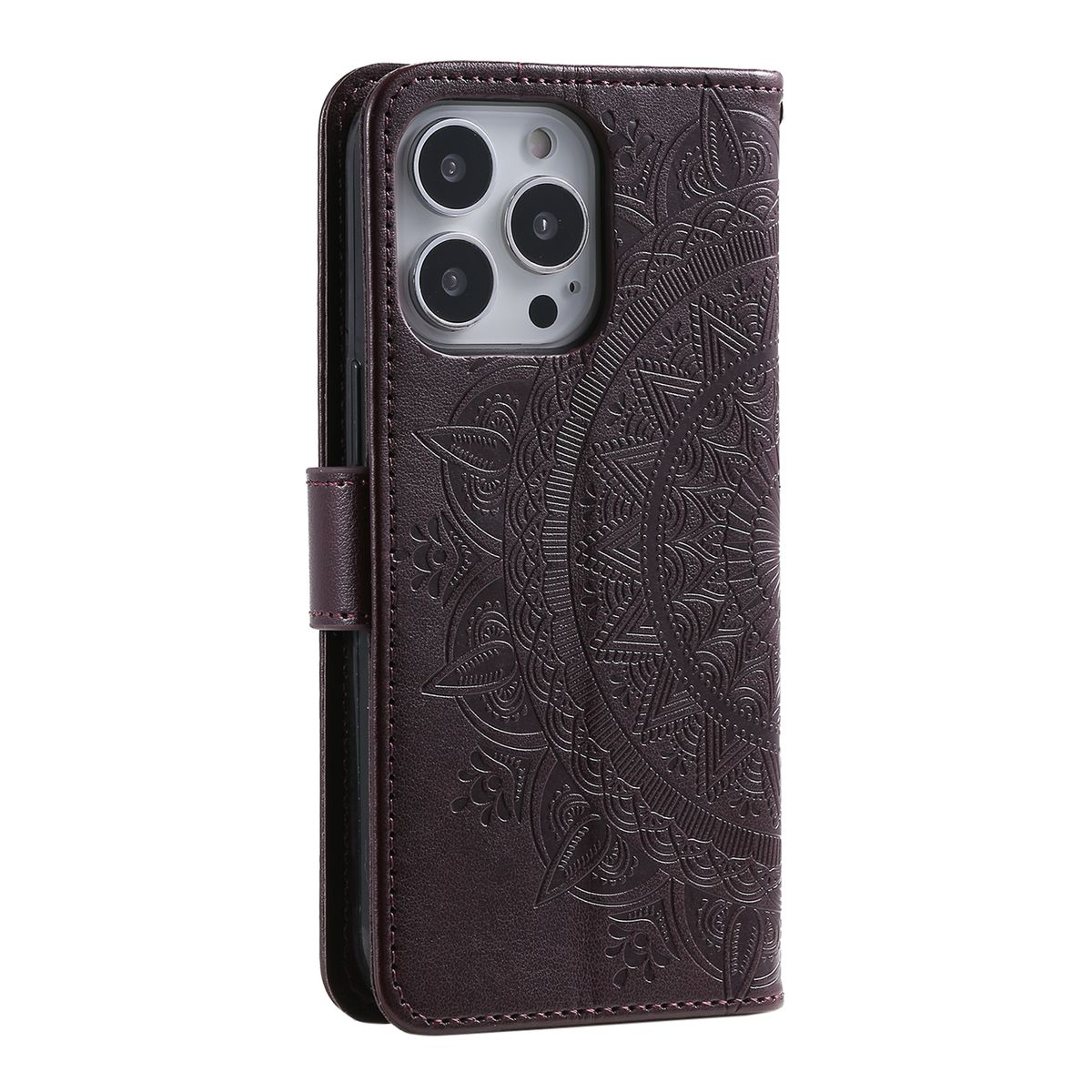 Dunkelbraune Handyhülle mit detailliertem Mandala-Design. Sie ist offen.