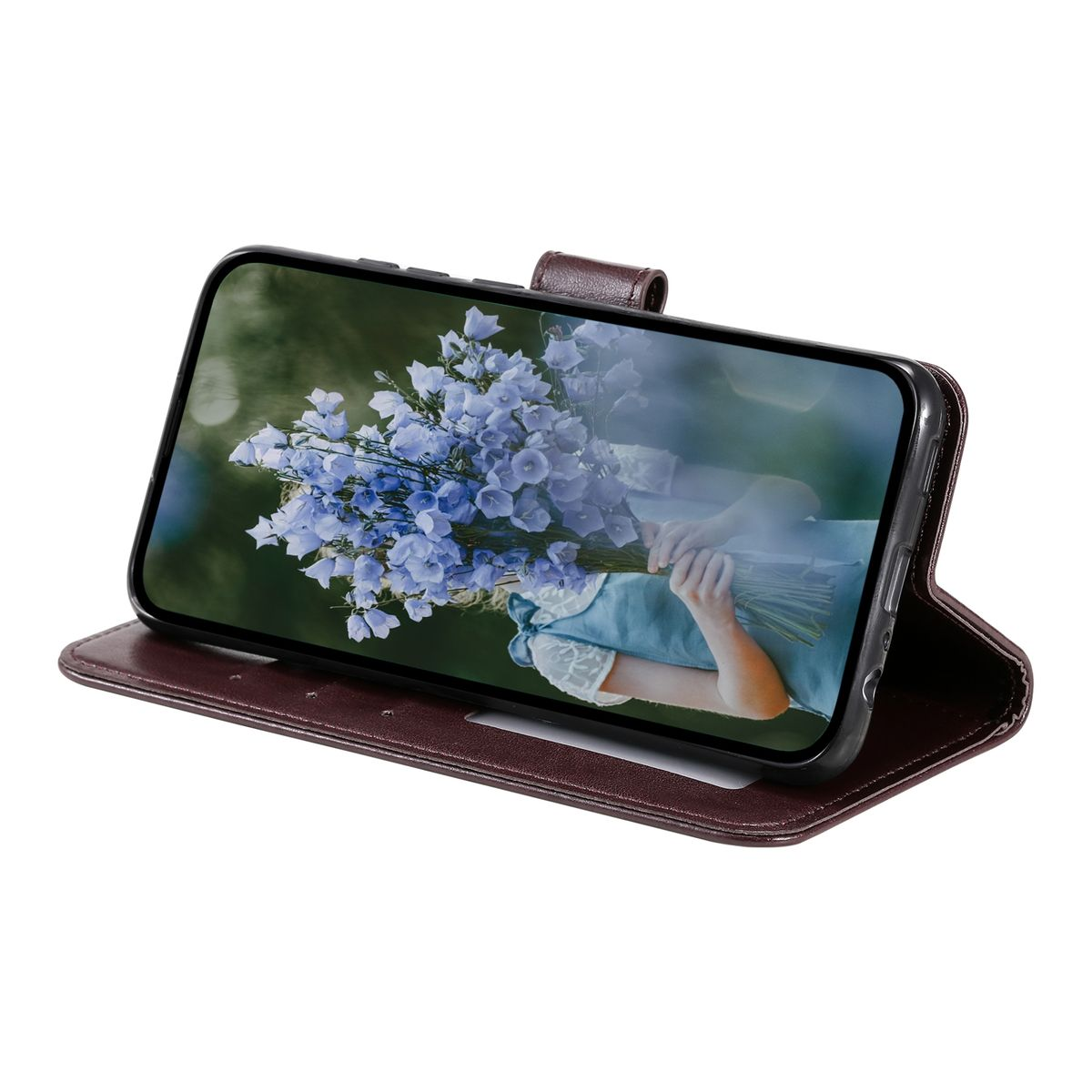 Telefon in brauner Hülle, Bildschirm zeigt ein Mädchen mit blauen Blumen.