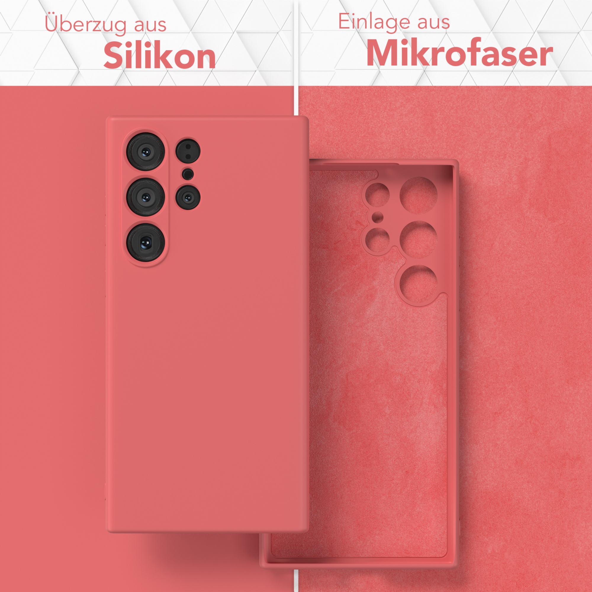 Rote Handyhülle mit Silikonhülle und Mikrofaser-Innenraum, offen präsentiert.