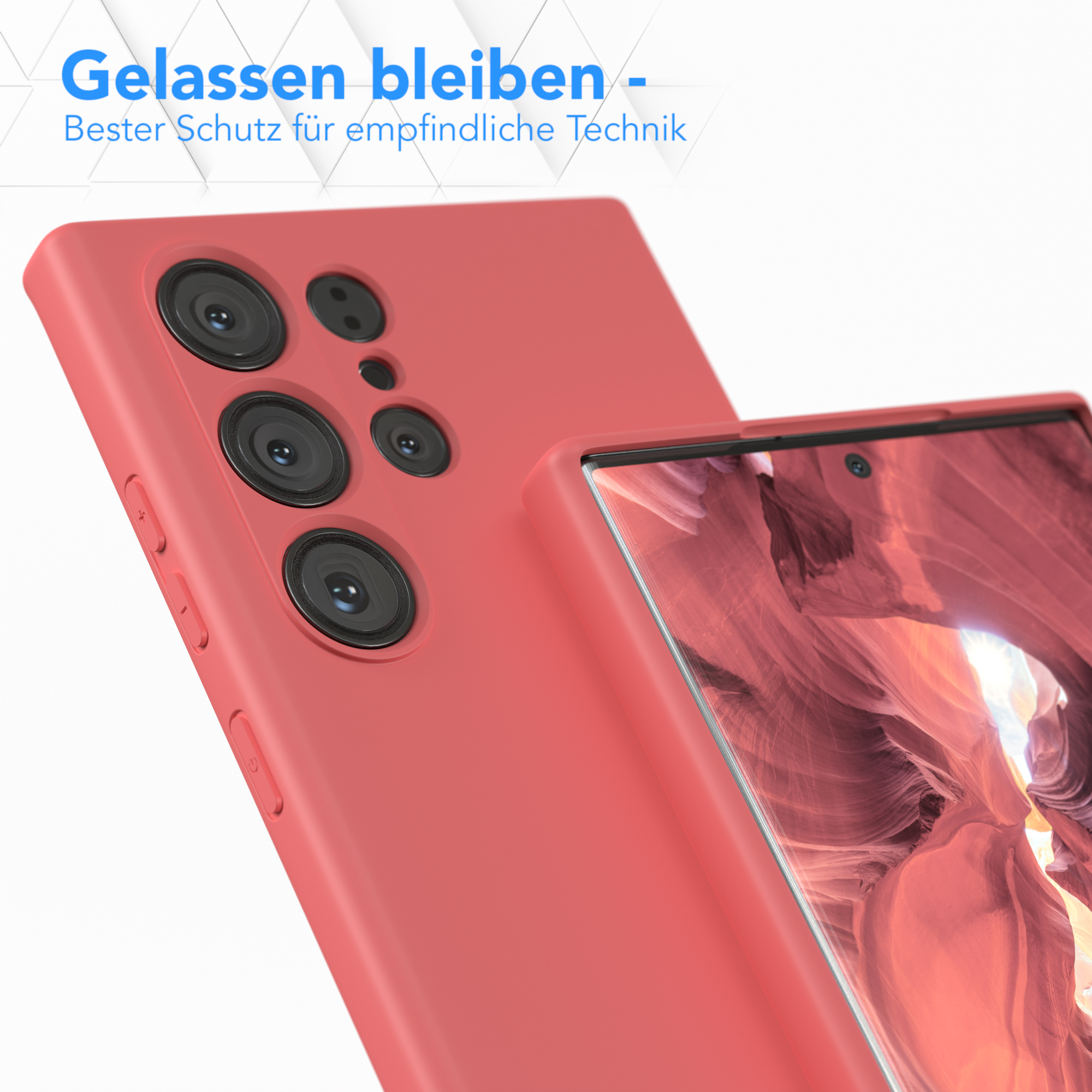 Eine rote Handyhülle und ein Telefon mit mehreren Kameralinsen. Im Hintergrund ist eine Displayschutzfolie.