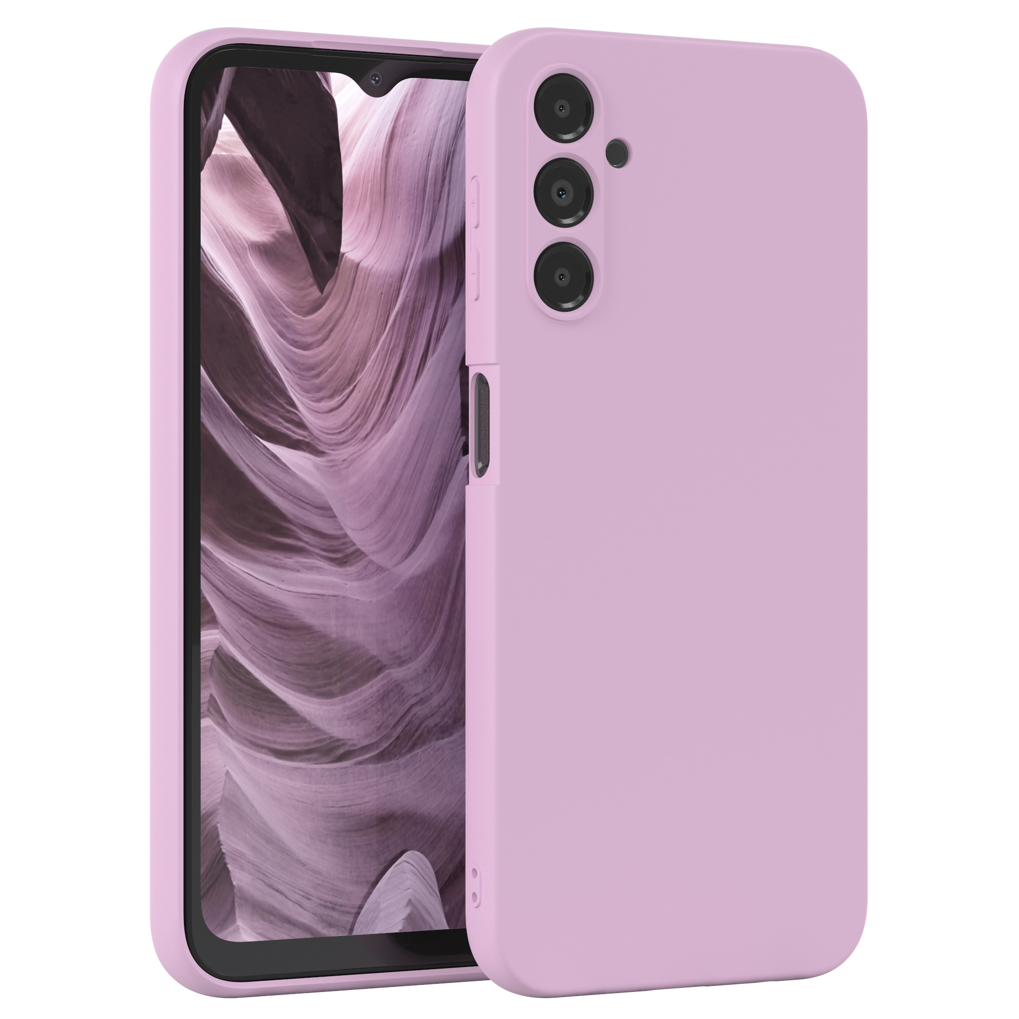 Hellviolette Handyhülle mit Telefon, zeigt die Kamera.