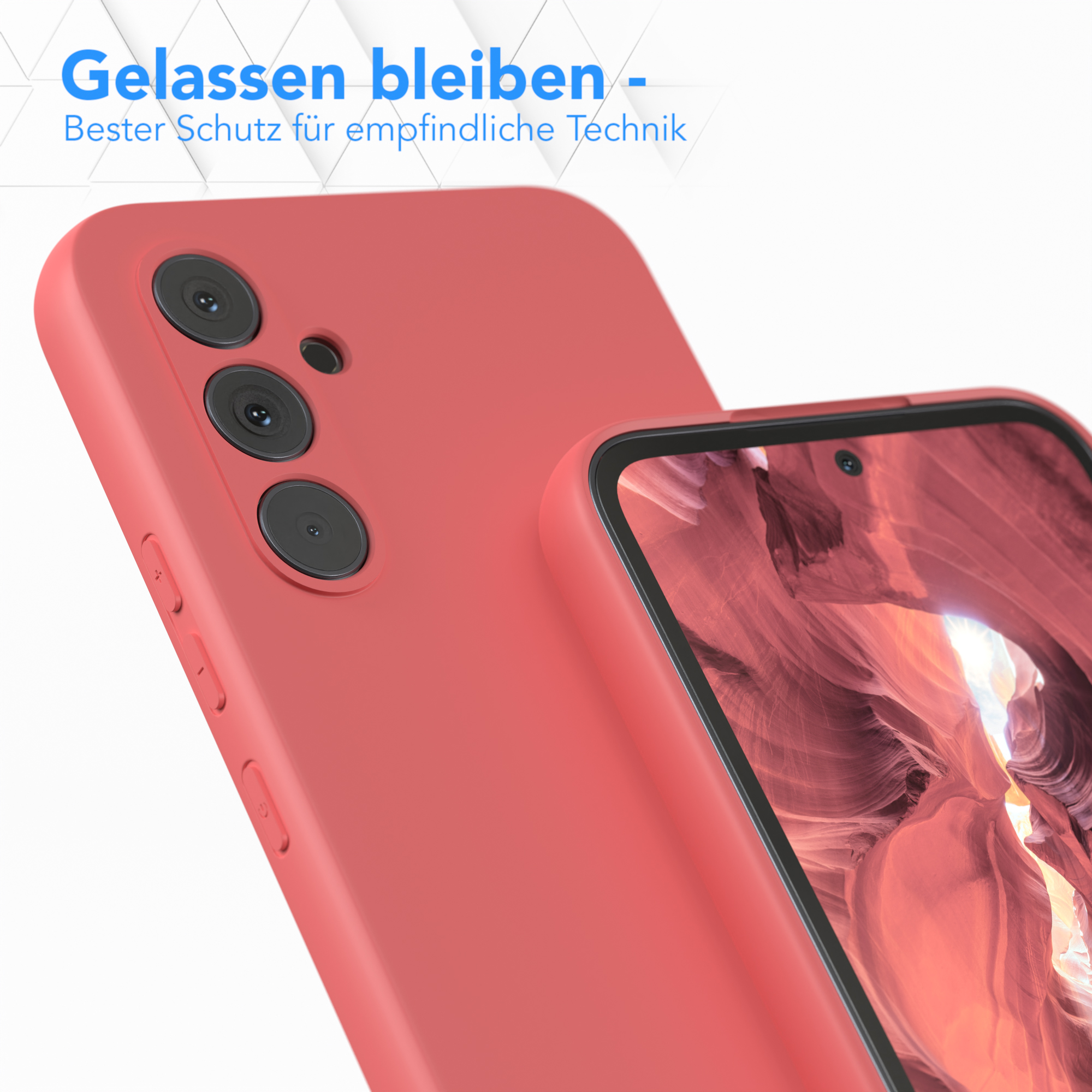 Rote Handyhülle mit Telefon, Details des Gehäuses und Telefons.