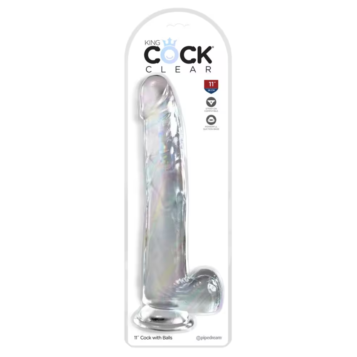 Ein durchsichtiger Dildo in Verpackung, mit den Worten 'KING COCK CLEAR'.