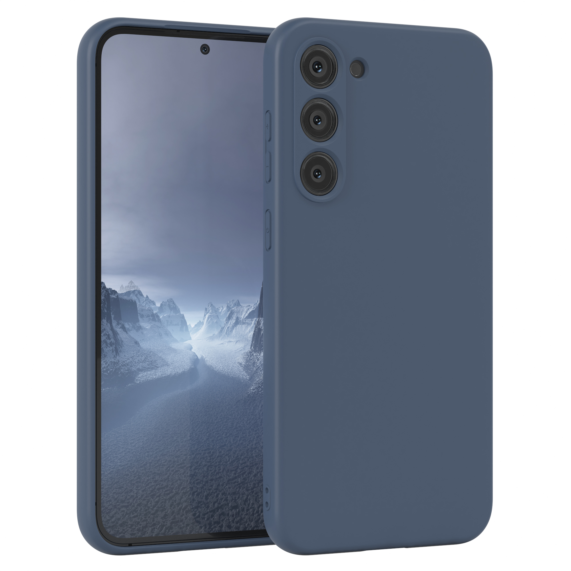 Ein blaues Telefon und eine Hülle befinden sich im Vordergrund. Der Hintergrund ist weiß.
