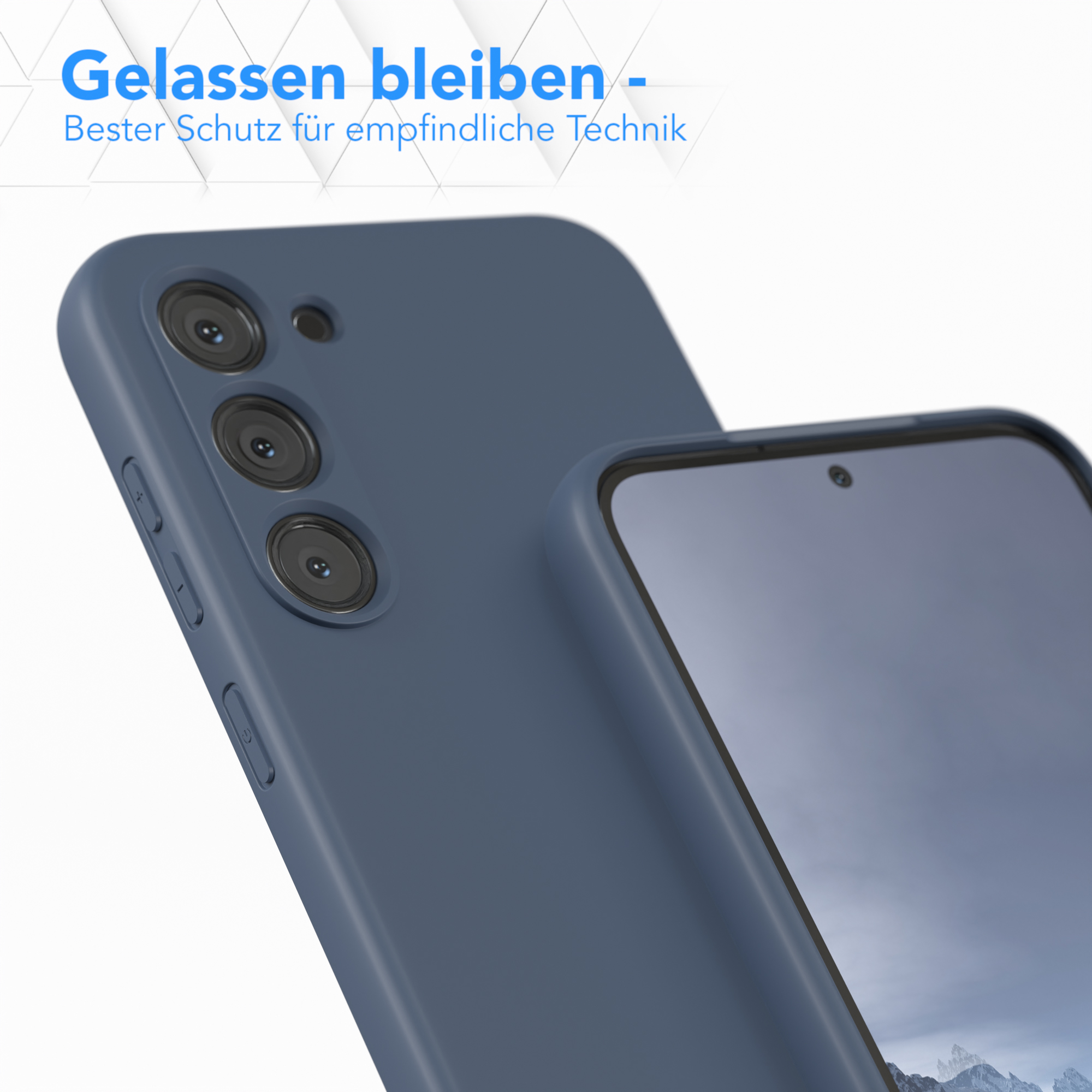 Nahaufnahme einer marineblauen Handyhülle mit Kameraausbuchtung. Text auf Deutsch. Weißer Hintergrund.