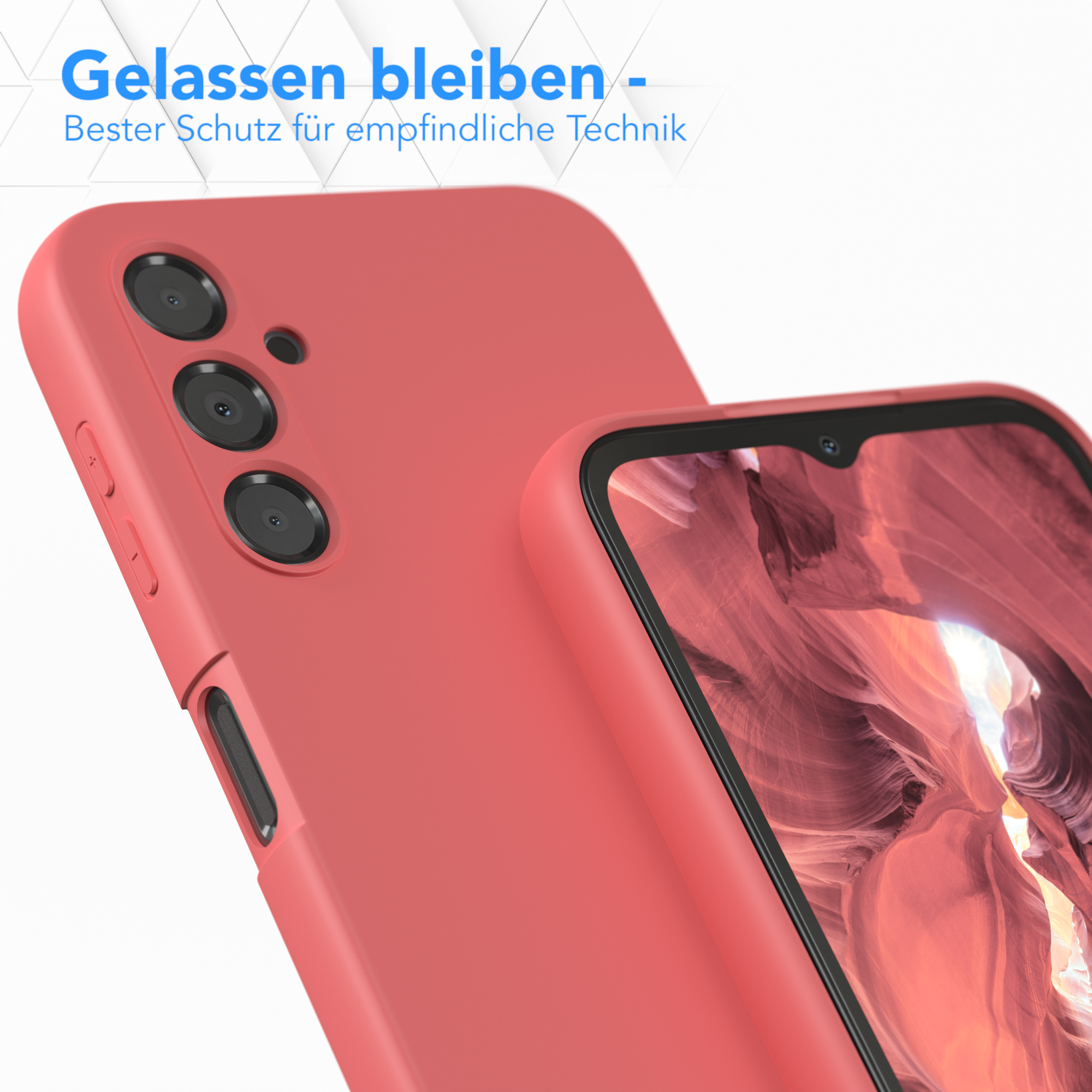 Zwei korallenfarbene Handyhüllen. Oben steht: Gelassen bleiben - Bester Schutz für empfindliche Technik.