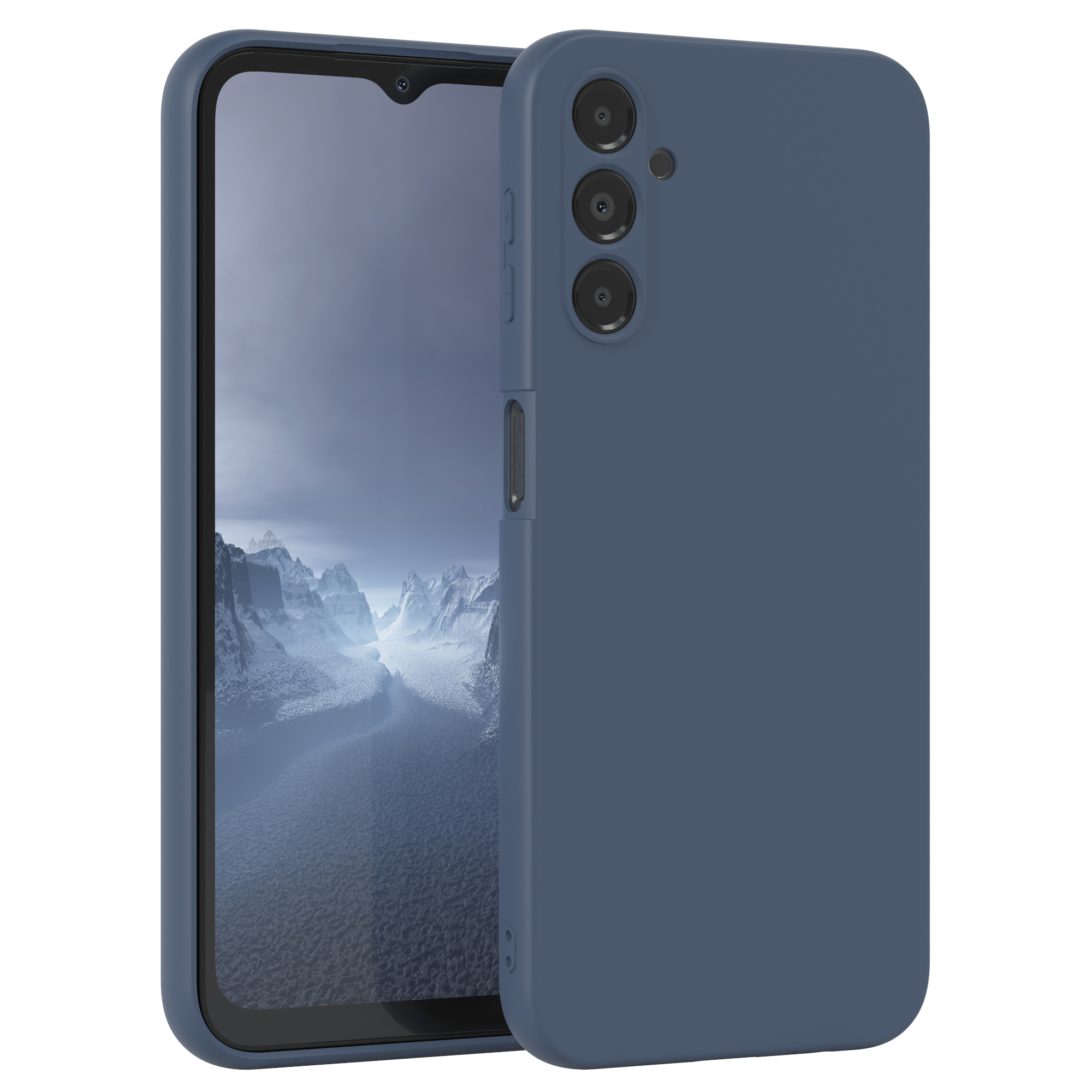 Ein marineblaues Telefon und eine Hülle. Das Telefon zeigt seinen Bildschirm. Weißer Hintergrund.