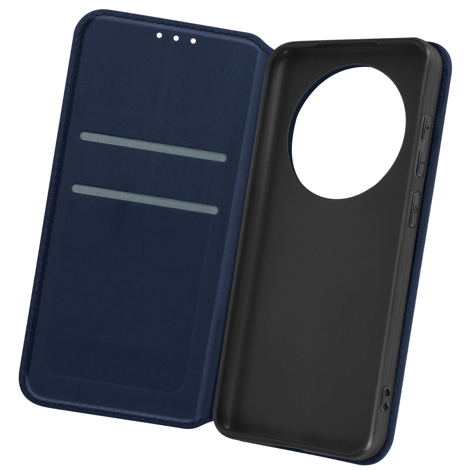 Una custodia per telefono blu navy, aperta per rivelare l'interno con interno scuro e fessure per carte.