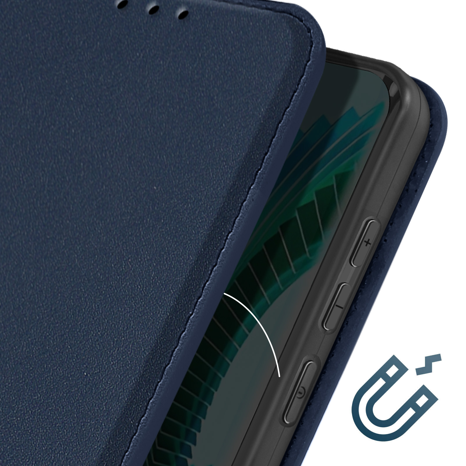 Una custodia blu per telefono con un magnete, che mostra i pulsanti e un telefono all'interno.