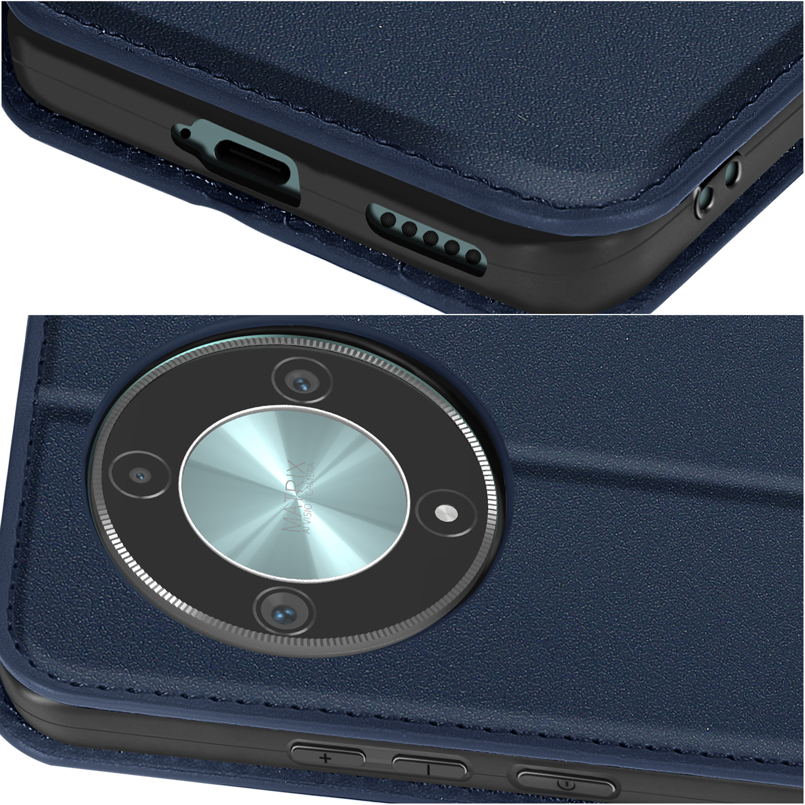 Primo piano di una custodia blu navy. Dettagli della fotocamera e dei pulsanti laterali.