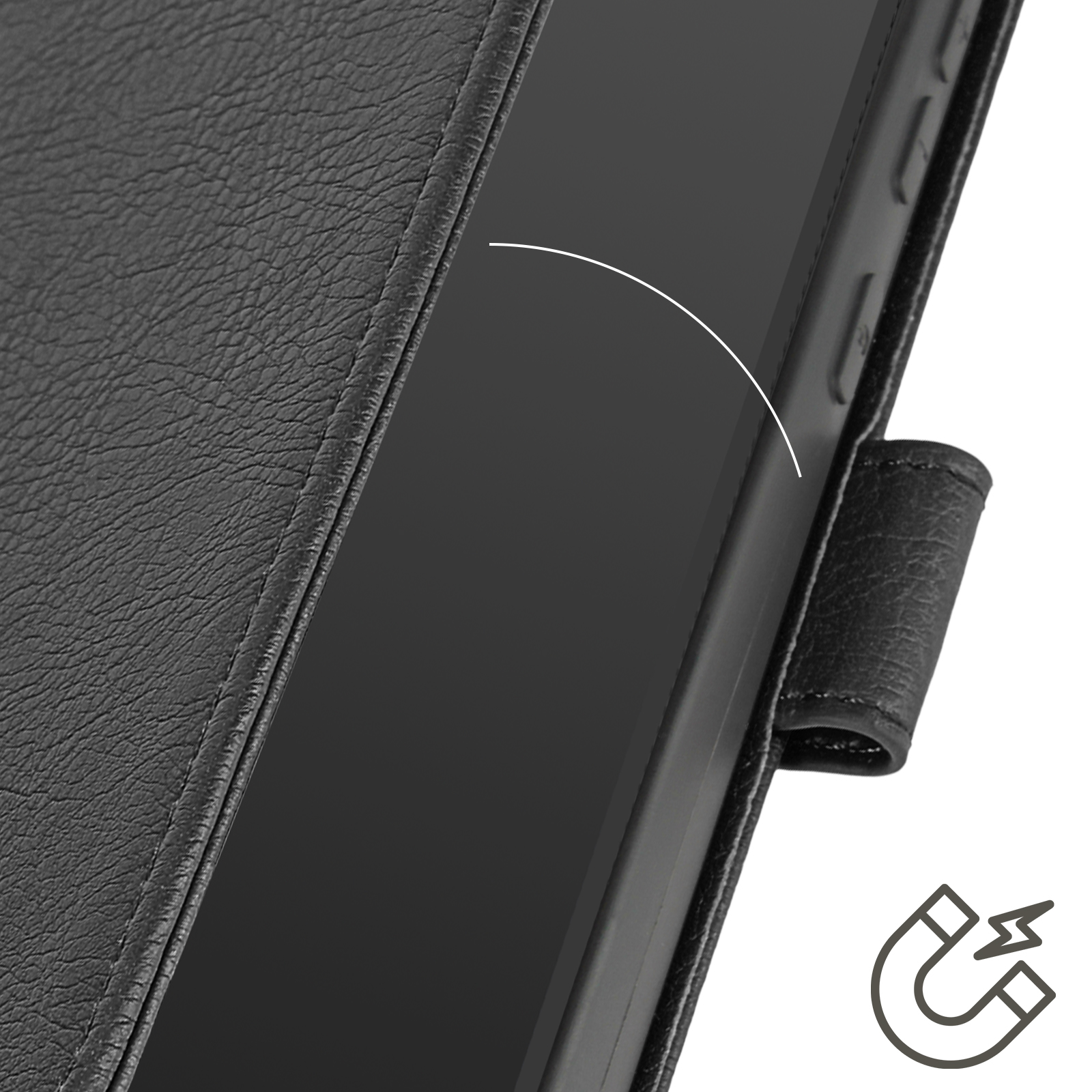 Custodia per telefono in pelle nera con chiusura magnetica. Linea curva bianca e icona del magnete.