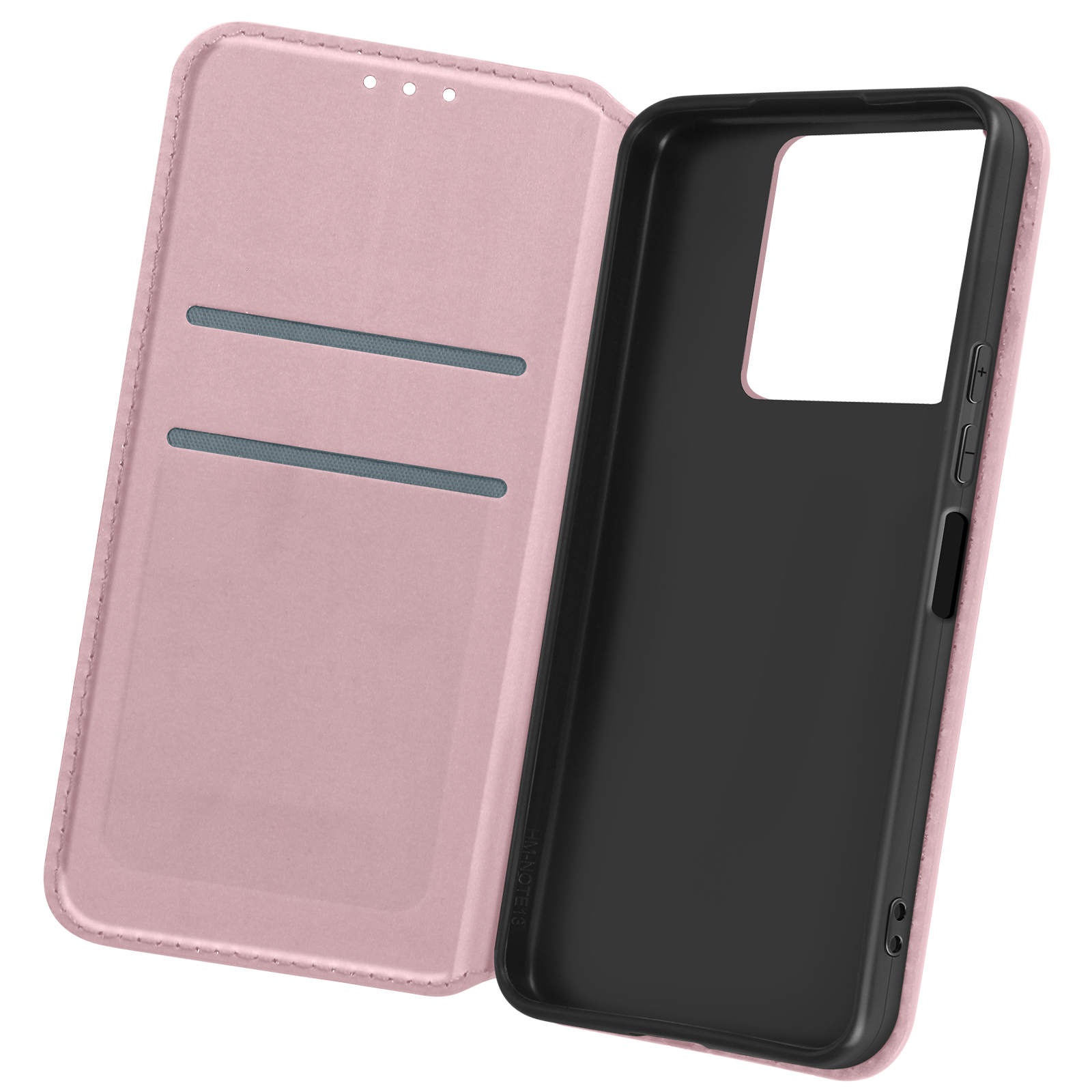 Custodia rosa aperta, che rivela il telefono e gli slot per schede, su sfondo bianco.