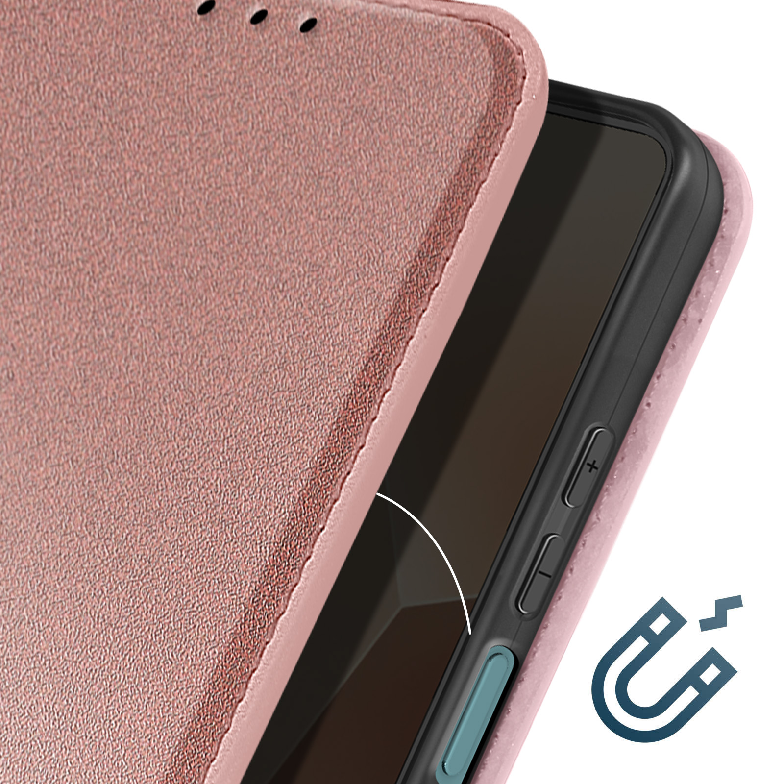 Custodia rosa aperta, mostra il telefono, con un simbolo del magnete accanto.