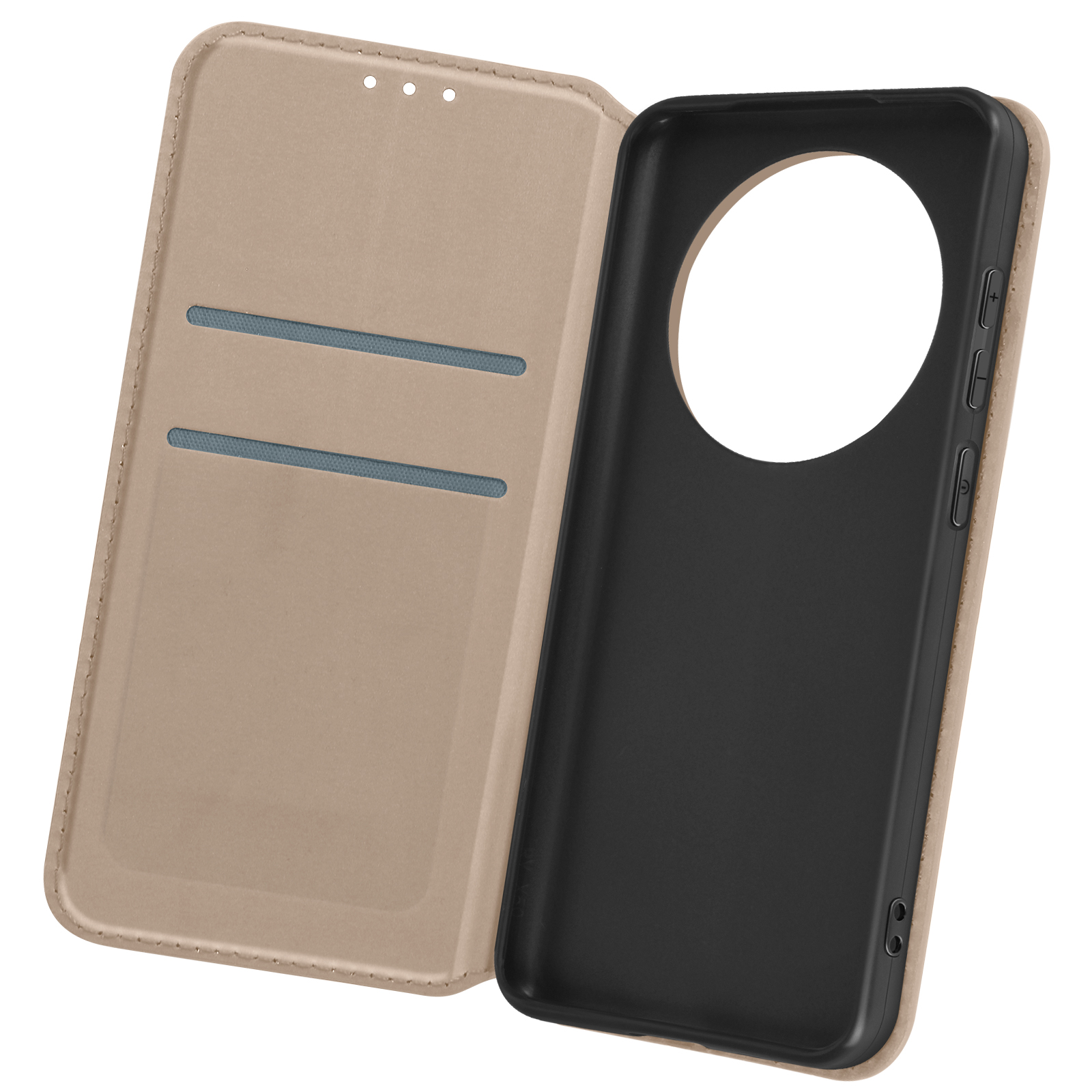 Geöffnete Handyhülle in Beige, zeigt schwarzes Innere und Kartenfächer.