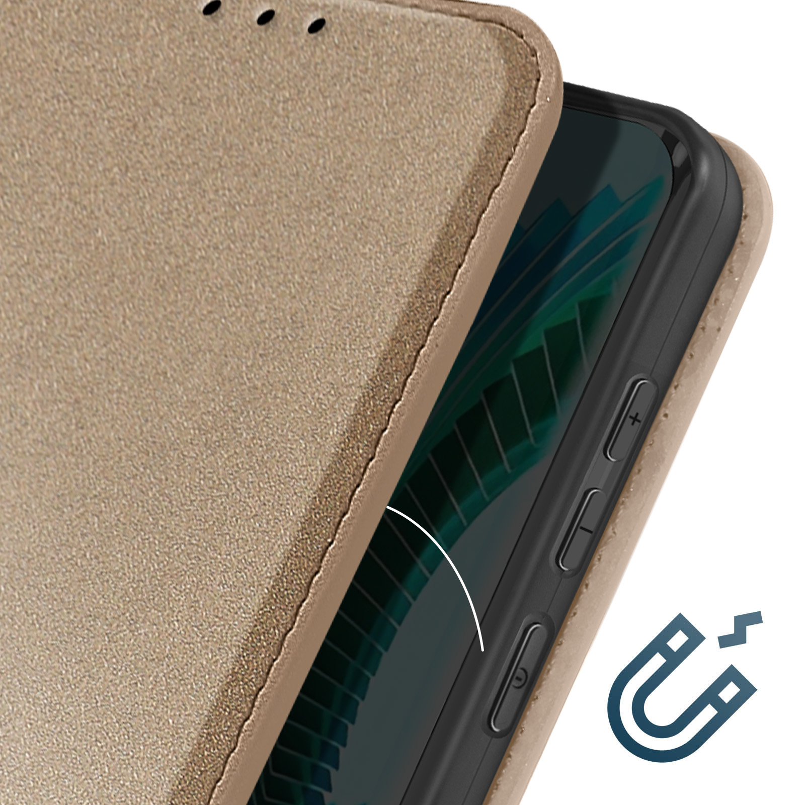 Nahaufnahme einer Handyhülle mit Telefon. Ein Magnetsymbol ist sichtbar.