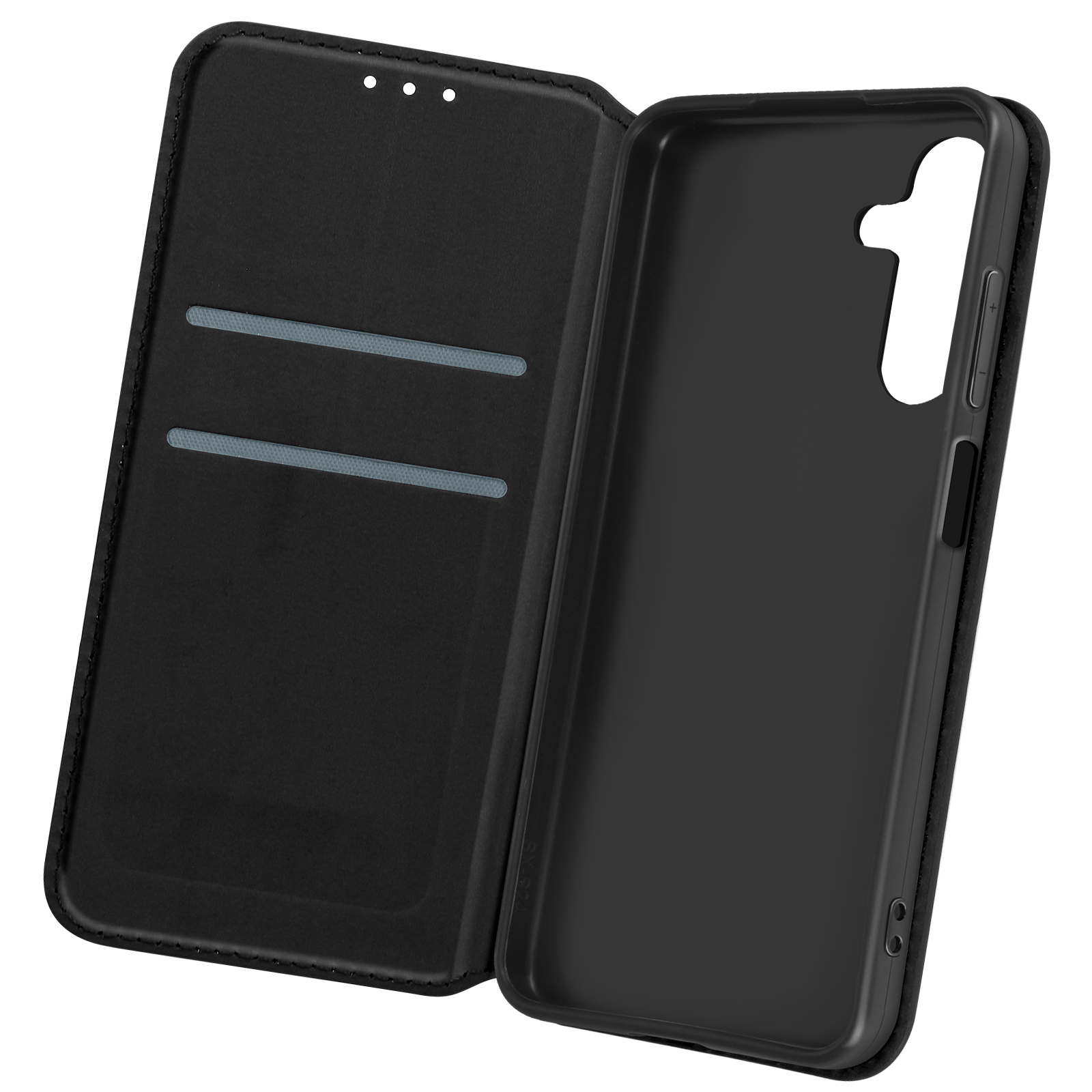 Custodia per telefono in pelle nera aperta, che rivela l'interno. Con fessure per carte e sfondo nero.