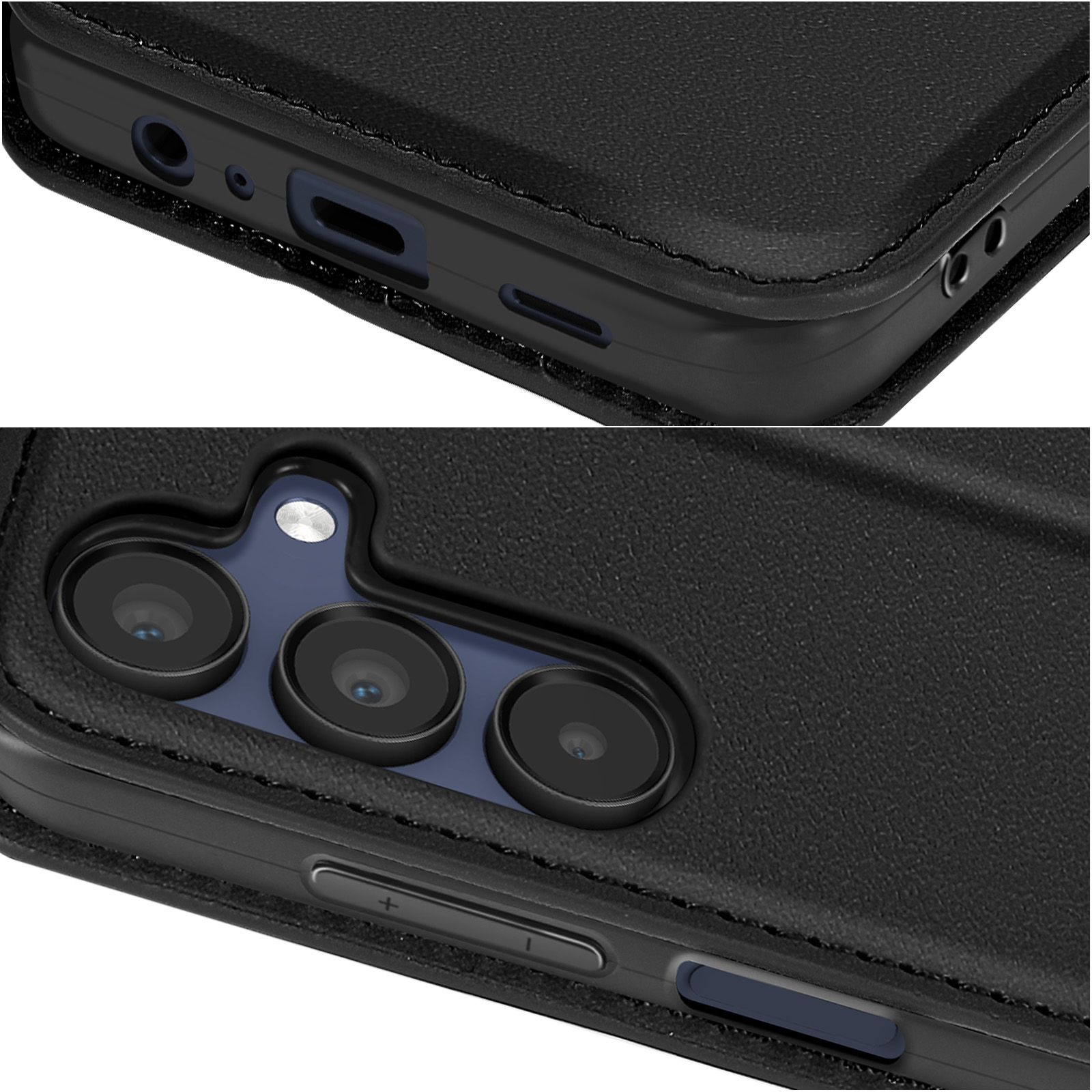 Primo piano di una custodia nera per telefono con ritagli per porte e fotocamera.