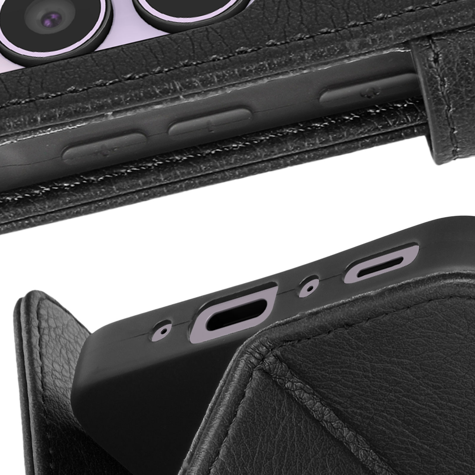 Primo piano di custodia per telefono in pelle nera. Sezione superiore con porte. Sfondo nero.