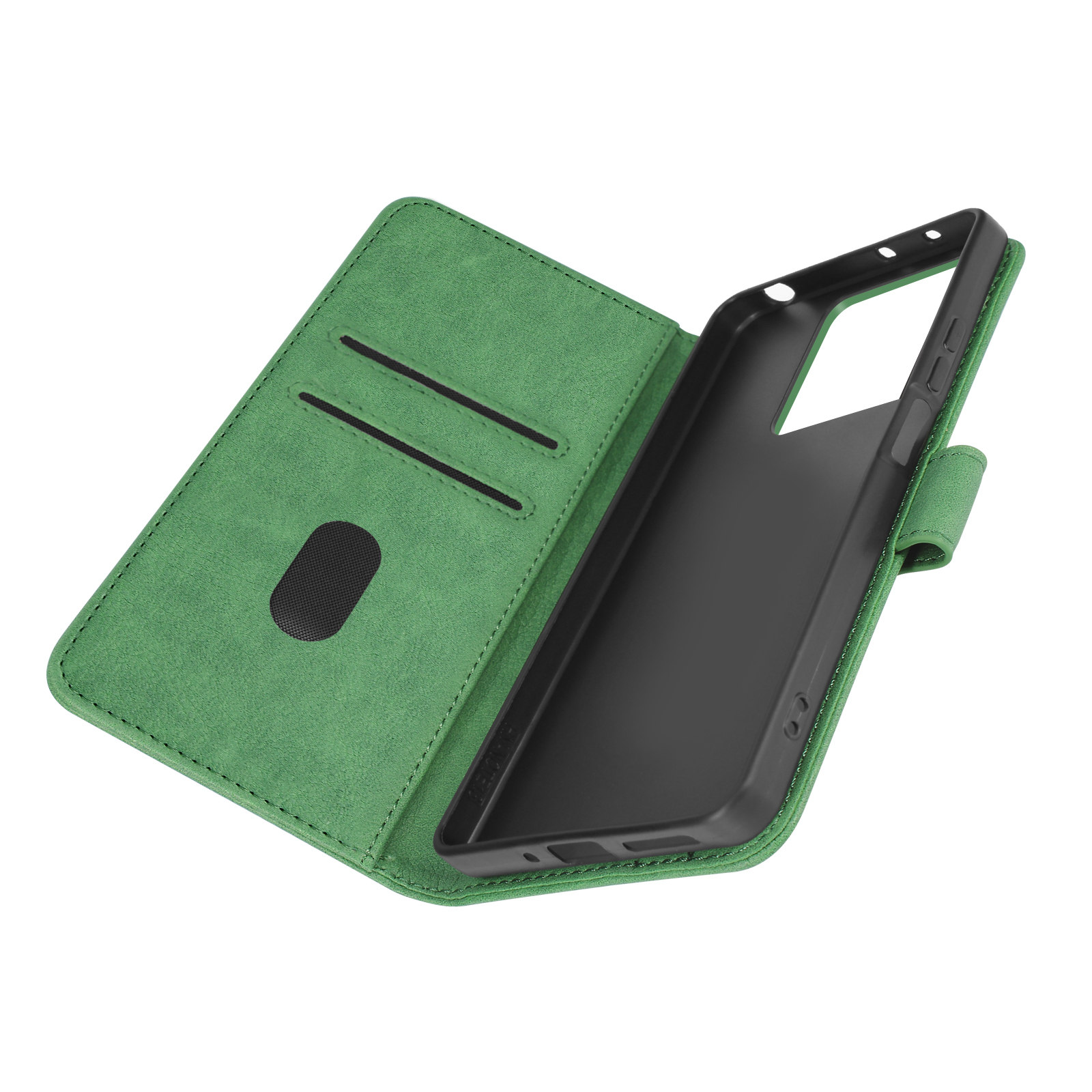 Custodia verde per telefono aperta, che rivela una cornice nera e fessure.