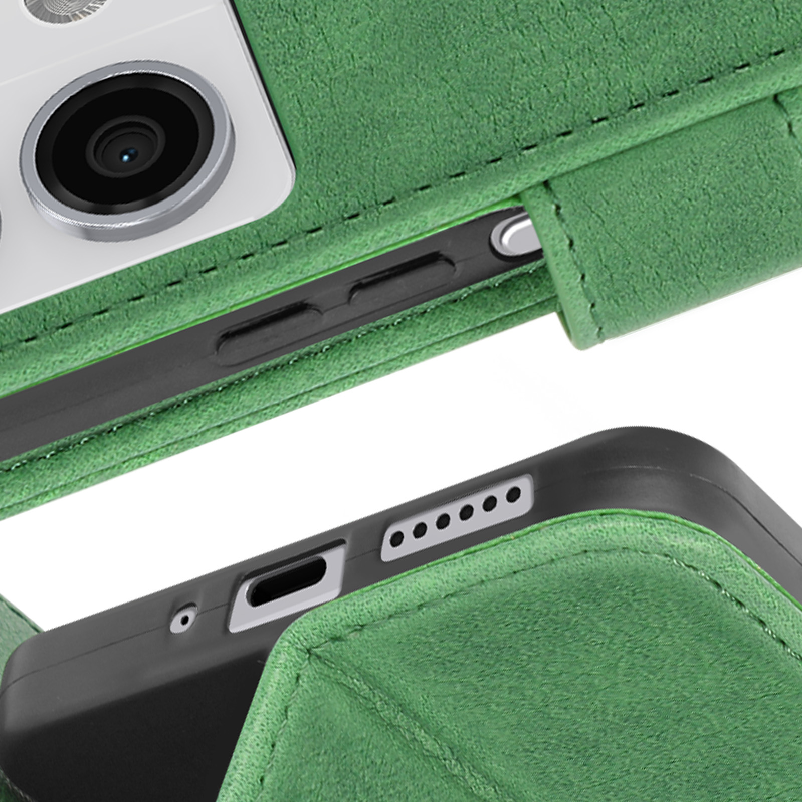 Custodia verde per telefono con telefono all'interno, che mostra fotocamera e tasti laterali.