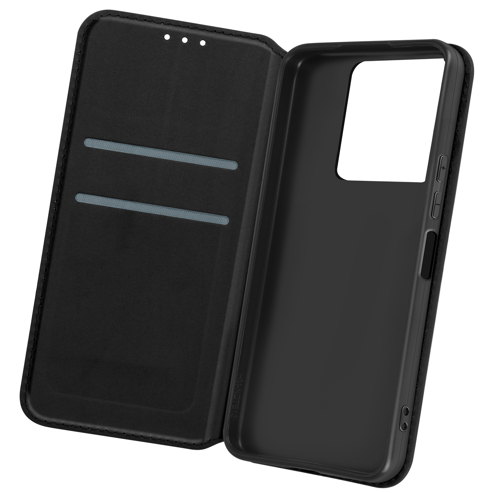 Custodia per telefono in pelle nera, aperta per mostrare un telefono. Sfondo bianco.