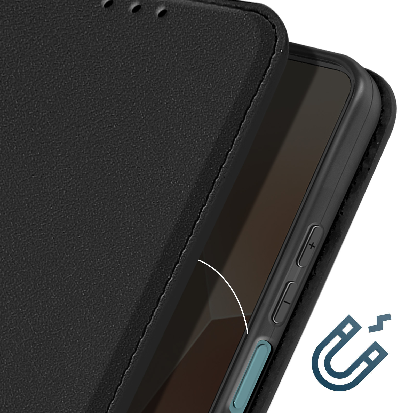 Telefono nero in una custodia nera. Una freccia bianca indica un magnete.