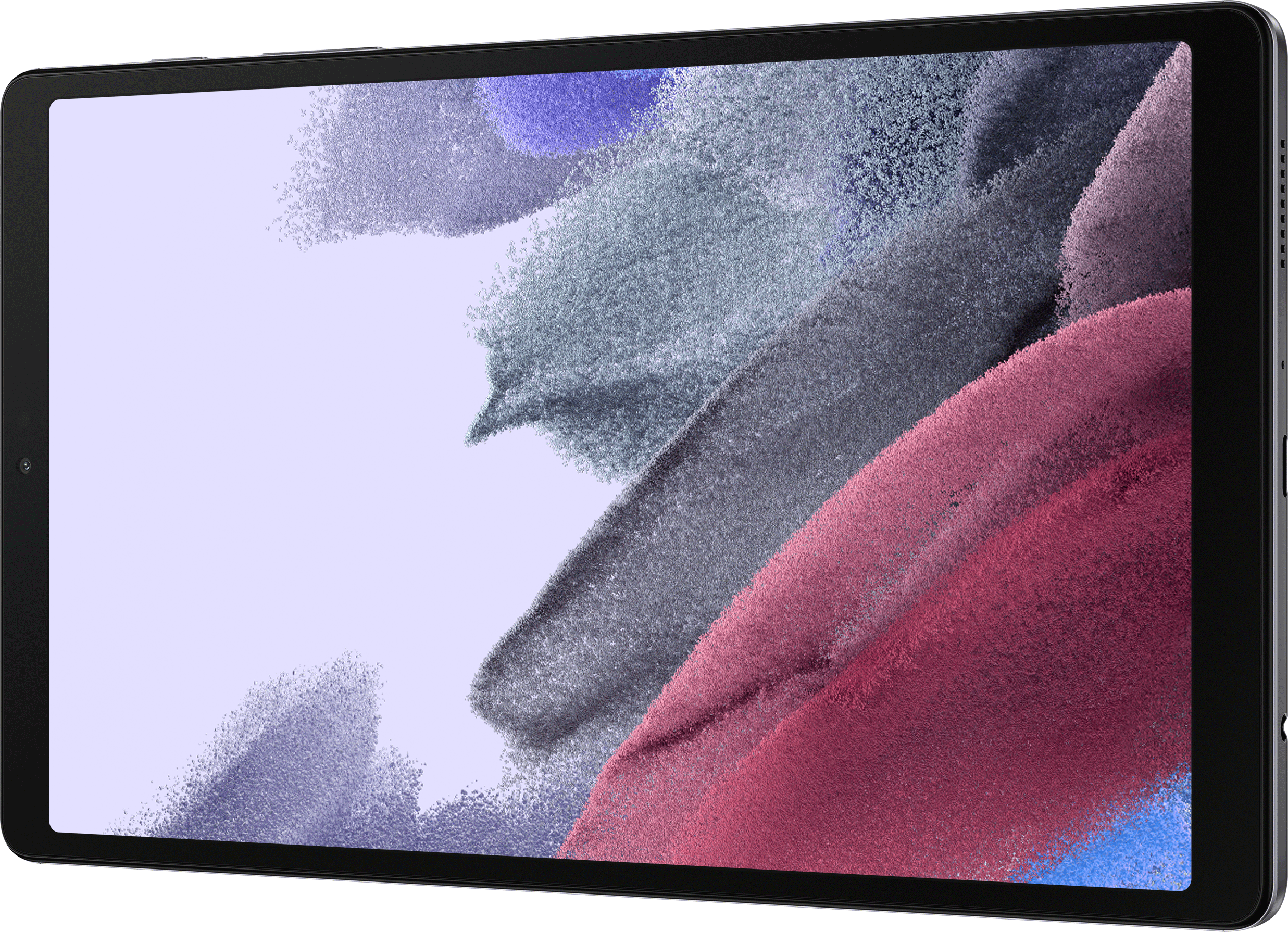 Tableta mostrando arte abstracto colorido, vista en ángulo contra un fondo negro.
