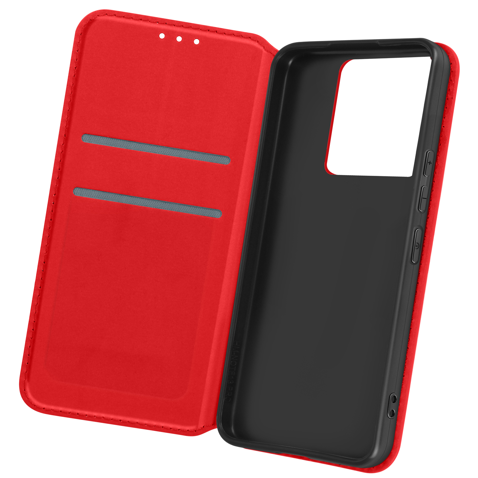 Custodia per telefono rossa aperta con interno nero e due fessure per carte. Sfondo bianco.
