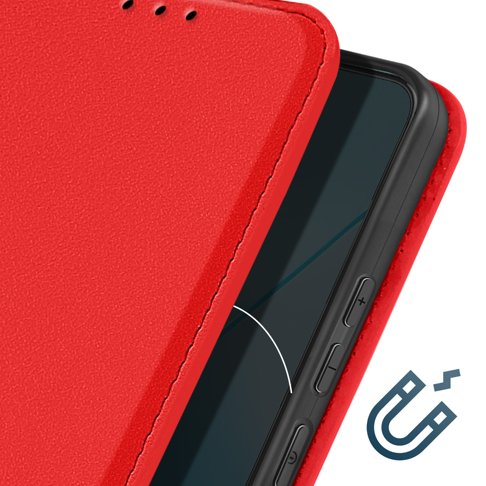 Custodia del telefono rossa aperta che rivela un telefono. Icona calamita nell'angolo.