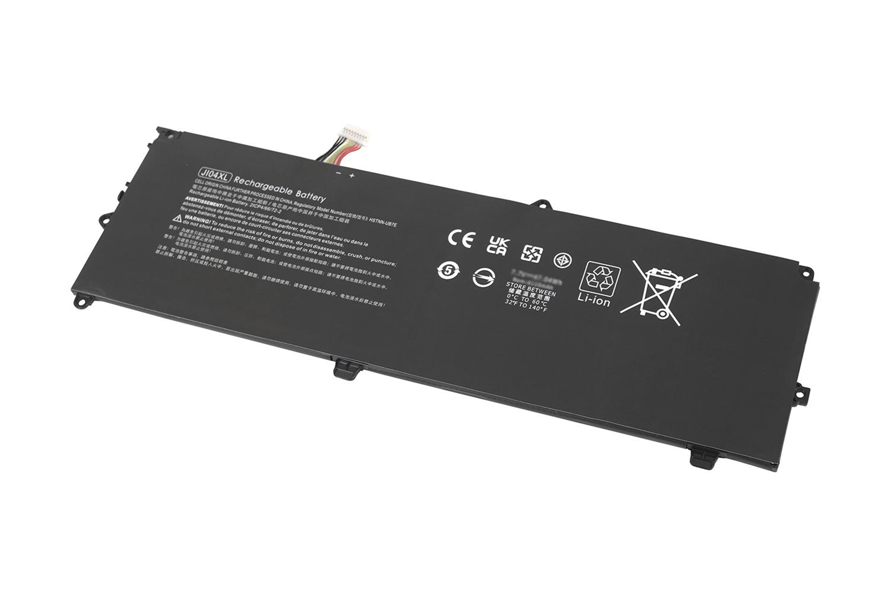 Batteria per laptop, nera con testo bianco e avvertenze.
