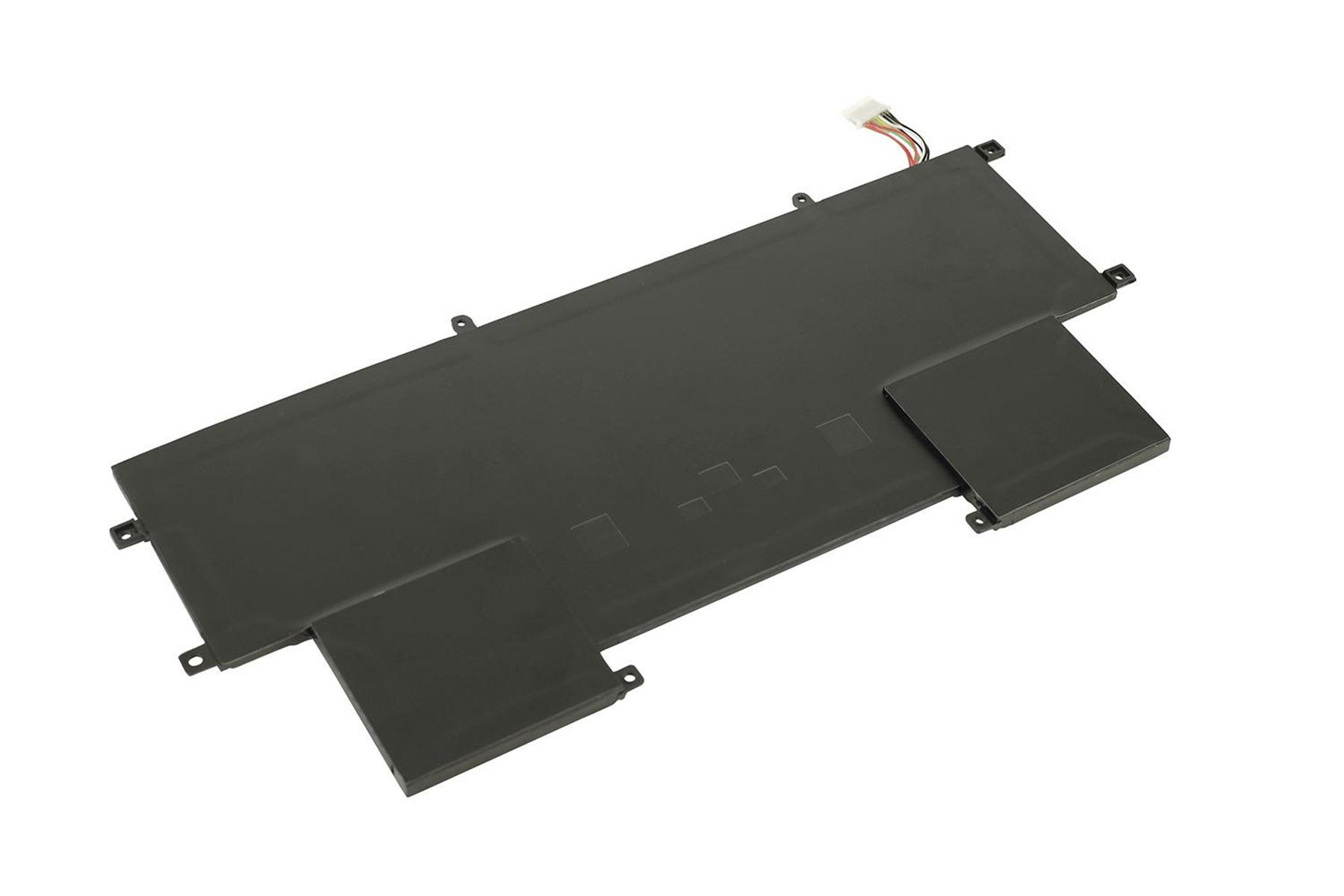 Pacco batteria per laptop nero, con più sezioni. Sfondo bianco.