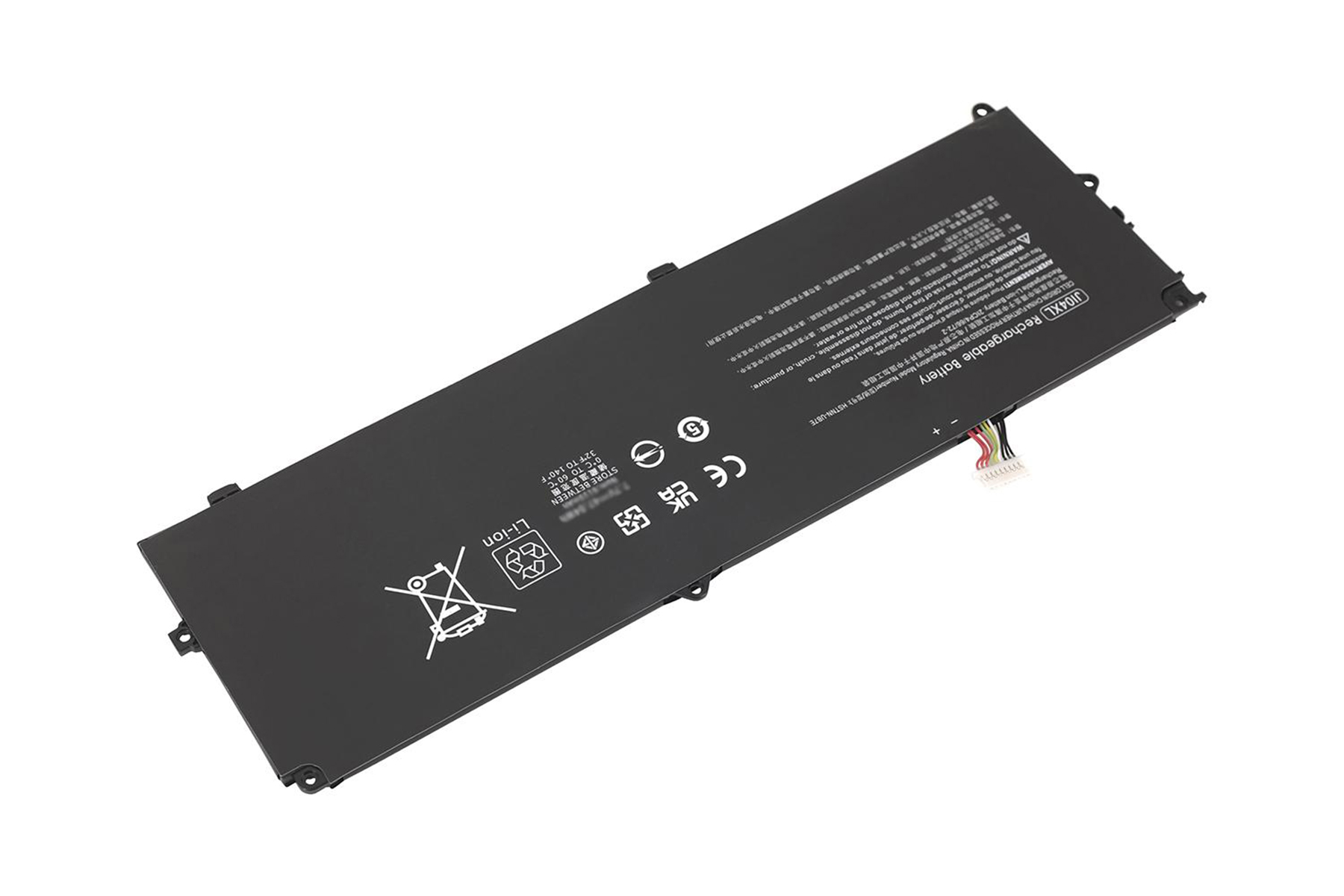 Una batteria nera per laptop con simboli di sicurezza e testo su sfondo bianco.