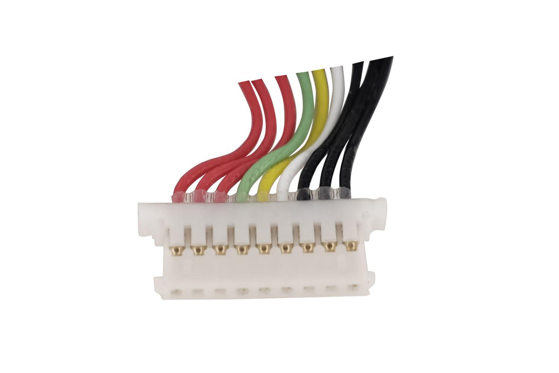 Un connettore bianco con più fili colorati collegati, rosso, verde, giallo, nero e bianco.